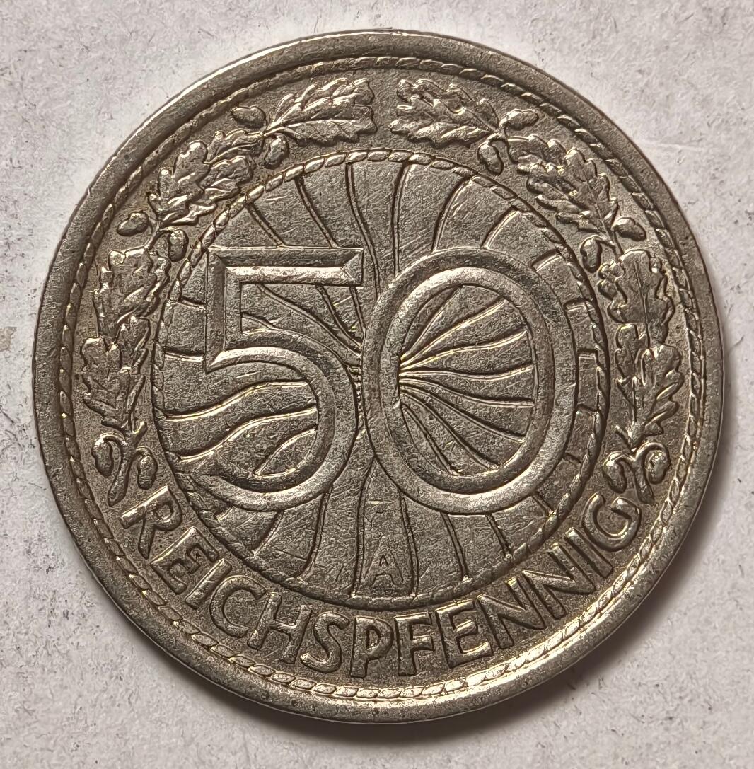 紫瑗钱币——第412期 德国 1936年 A厂 魏玛共和国 50芬妮 镍币