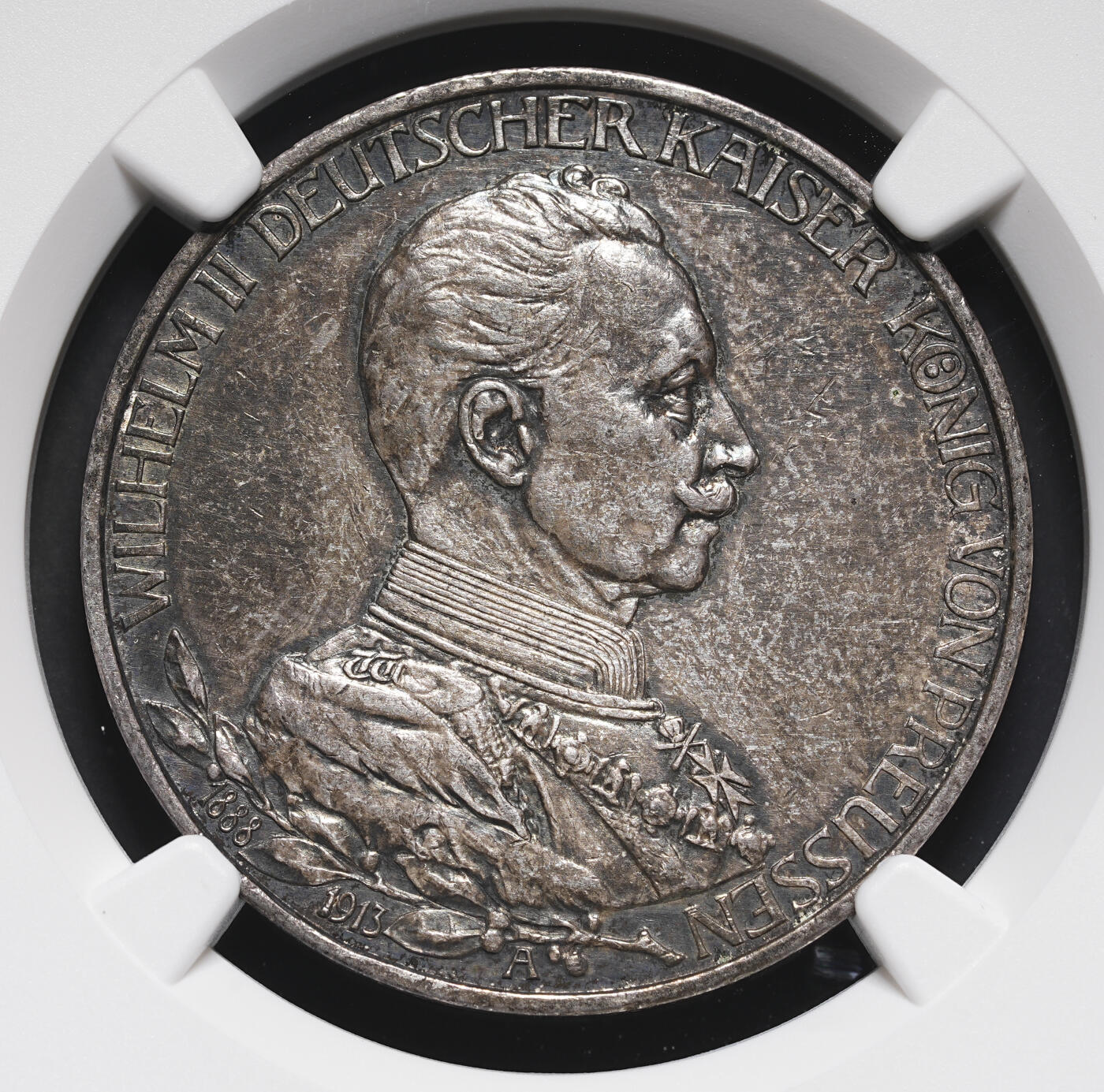 修遠堂世界钱币第三十七期 全场包邮 NGC AU55 1913年普鲁士威廉二世登基25周年3马克银币 酱彩
