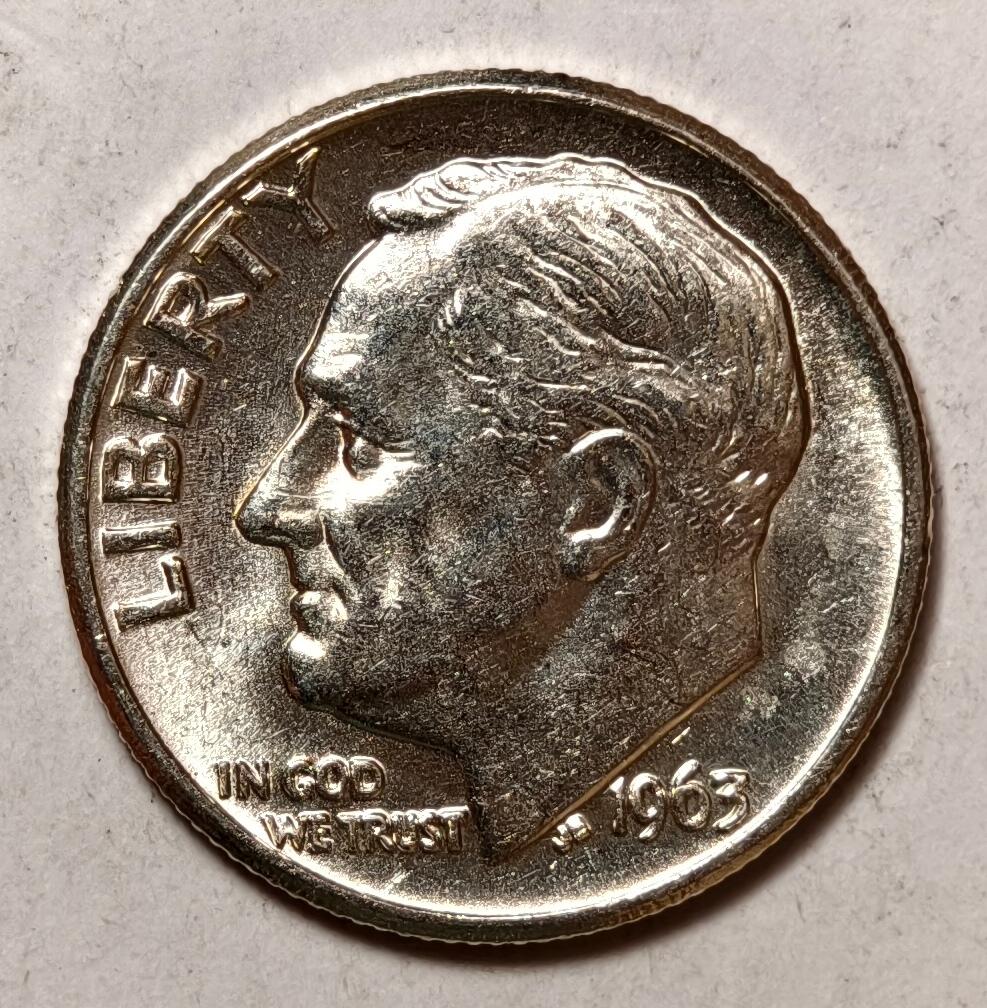 紫瑗钱币——第412期 美国 1963年 罗斯福 10美分 2.5克 0.9银  AU