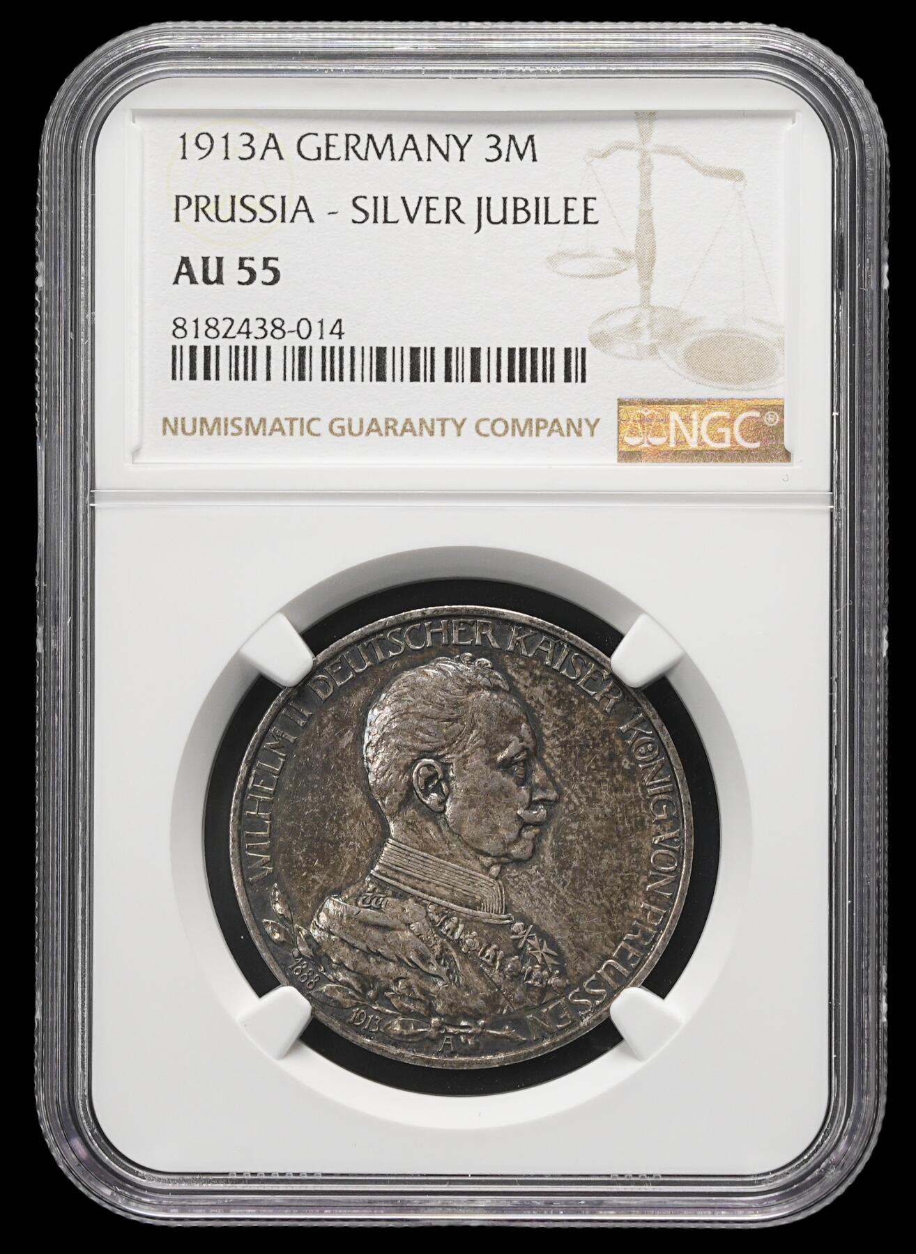 修遠堂世界钱币第三十七期 全场包邮 NGC AU55 1913年普鲁士威廉二世登基25周年3马克银币 酱彩
