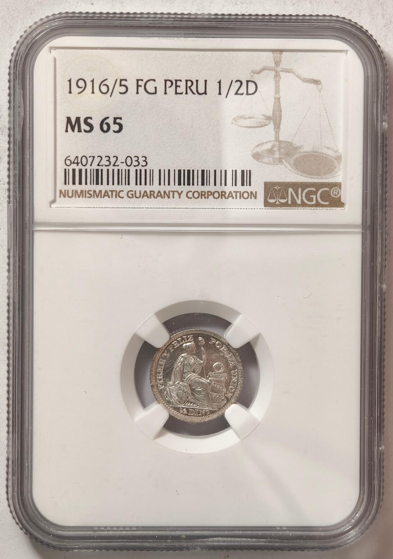 紫瑗钱币——第412期 秘鲁 1916/5 FG 坐人 1/2索尔 银币 NGC MS65 