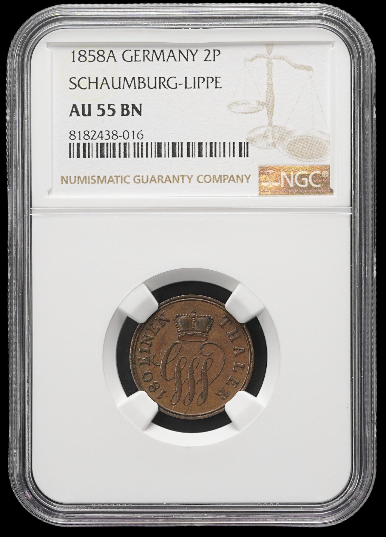 修遠堂世界钱币第三十七期 全场包邮 NGC AU55BN 1858年绍姆堡-利珀公国2芬尼铜币 少见小邦国币 唯一冠军分