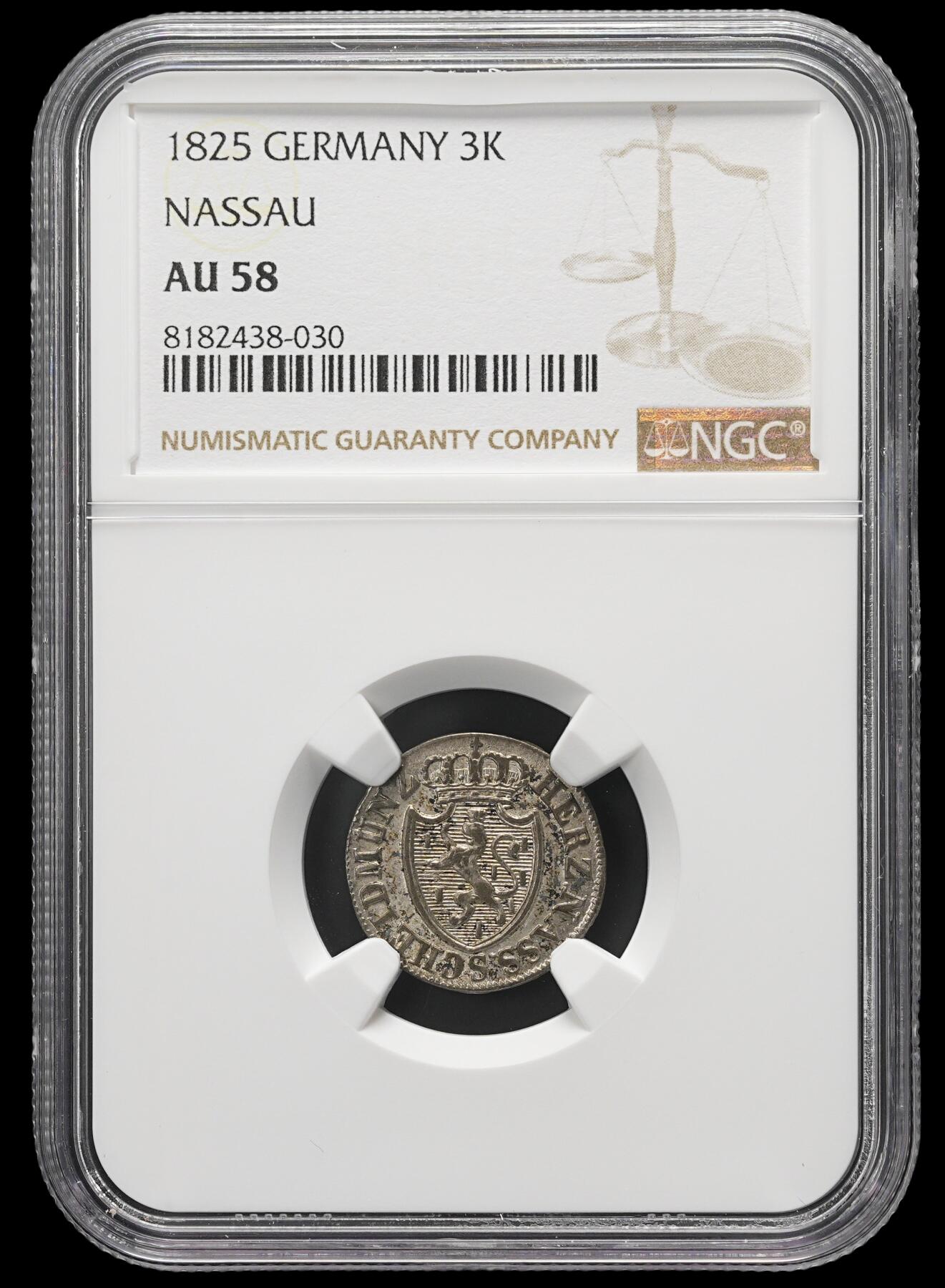 修遠堂世界钱币第三十七期 全场包邮 NGC AU58 1825年拿骚3克鲁泽银币
