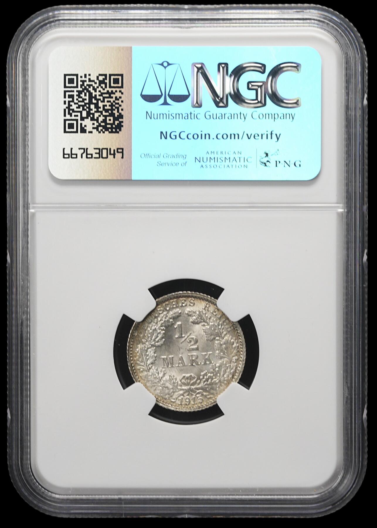 修遠堂世界钱币第三十七期 全场包邮 NGC MS66 1915年德国1/2马克银币 F厂铭