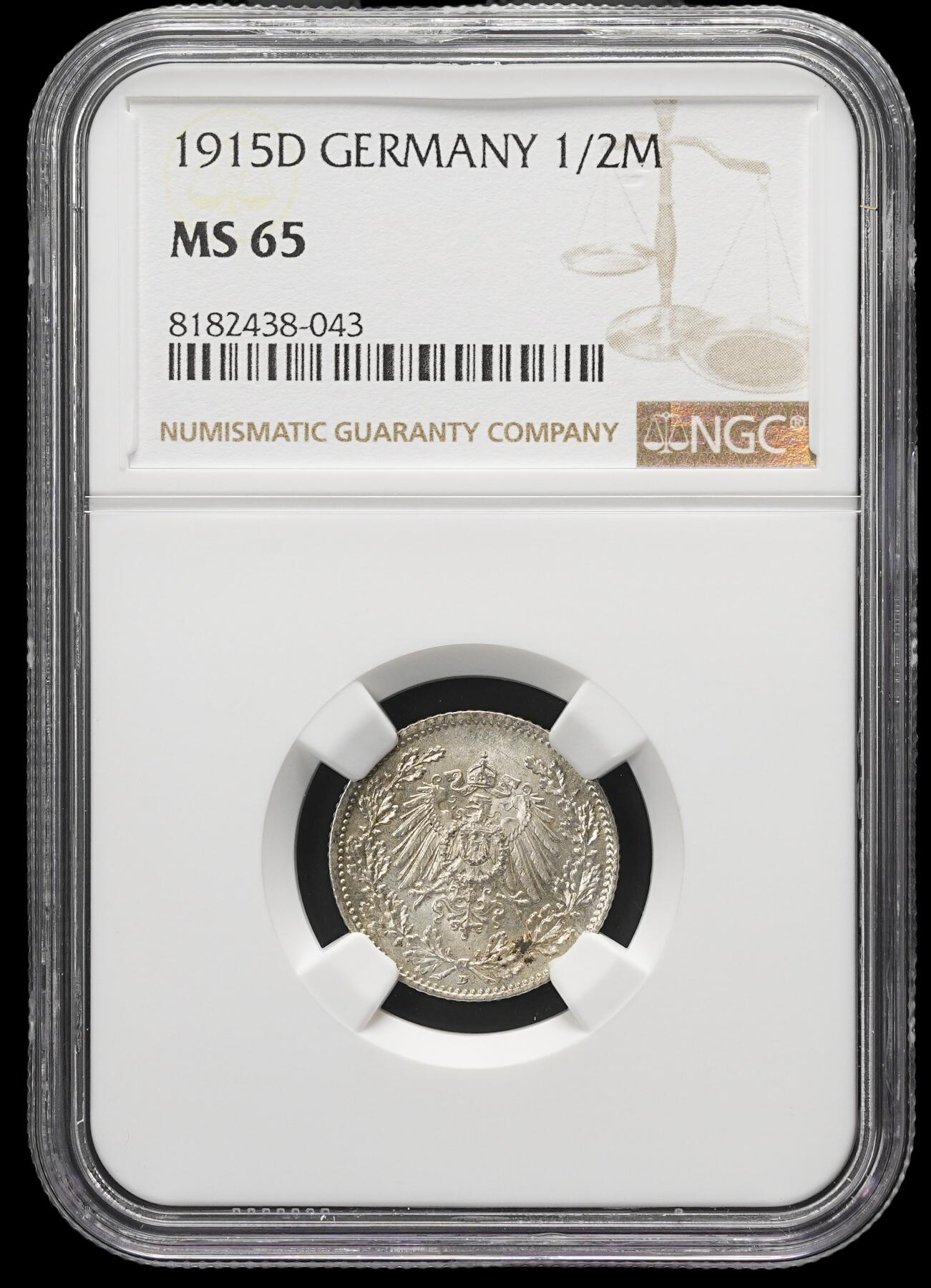 修遠堂世界钱币第三十七期 全场包邮 NGC MS65 1915年德国1/2马克银币 D厂铭