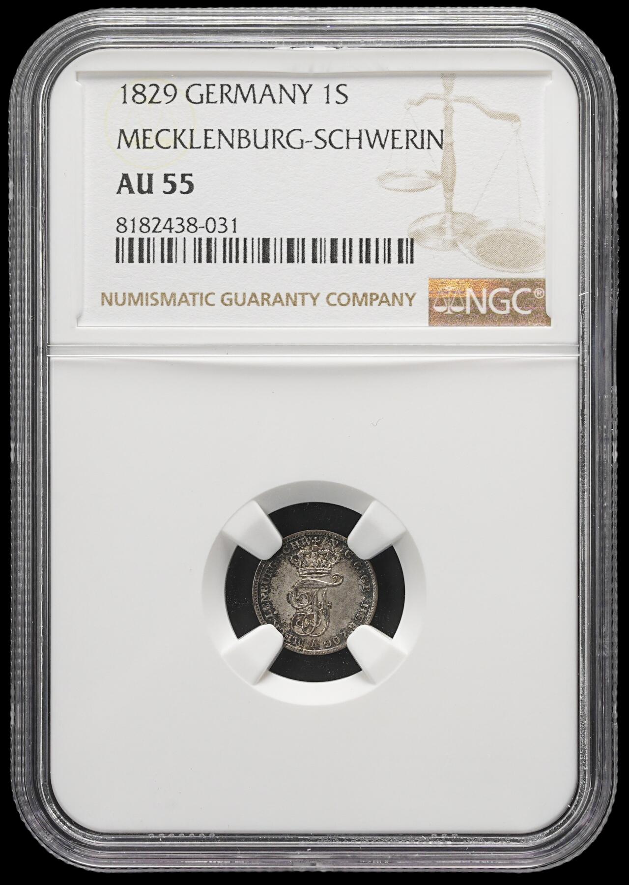 修遠堂世界钱币第三十七期 全场包邮 NGC AU55 1829年梅克伦堡-什未林公国1 Schilling小银币 少见 仅铸造5万多枚 唯一亚军分