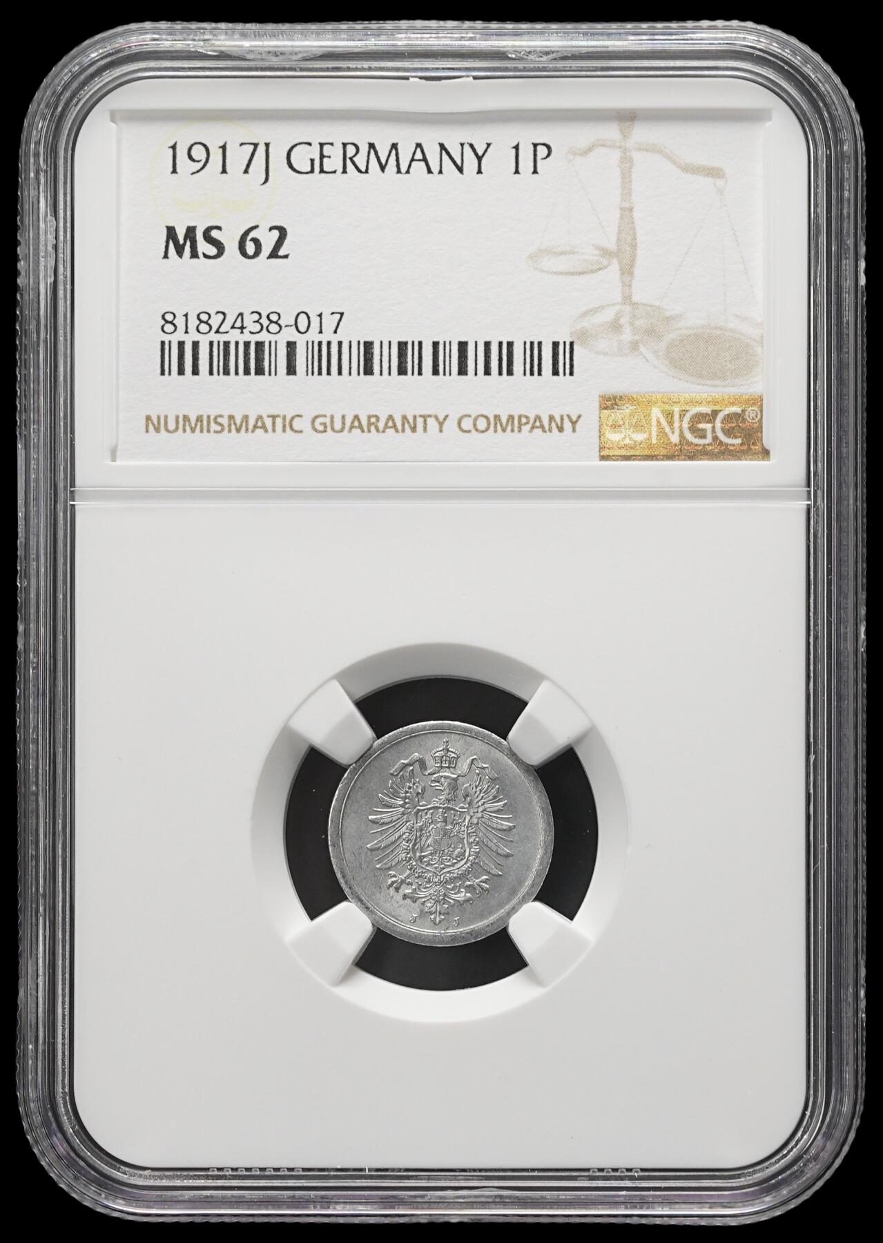 修遠堂世界钱币第三十七期 全场包邮 NGC MS62 1917年德国1芬尼铝币