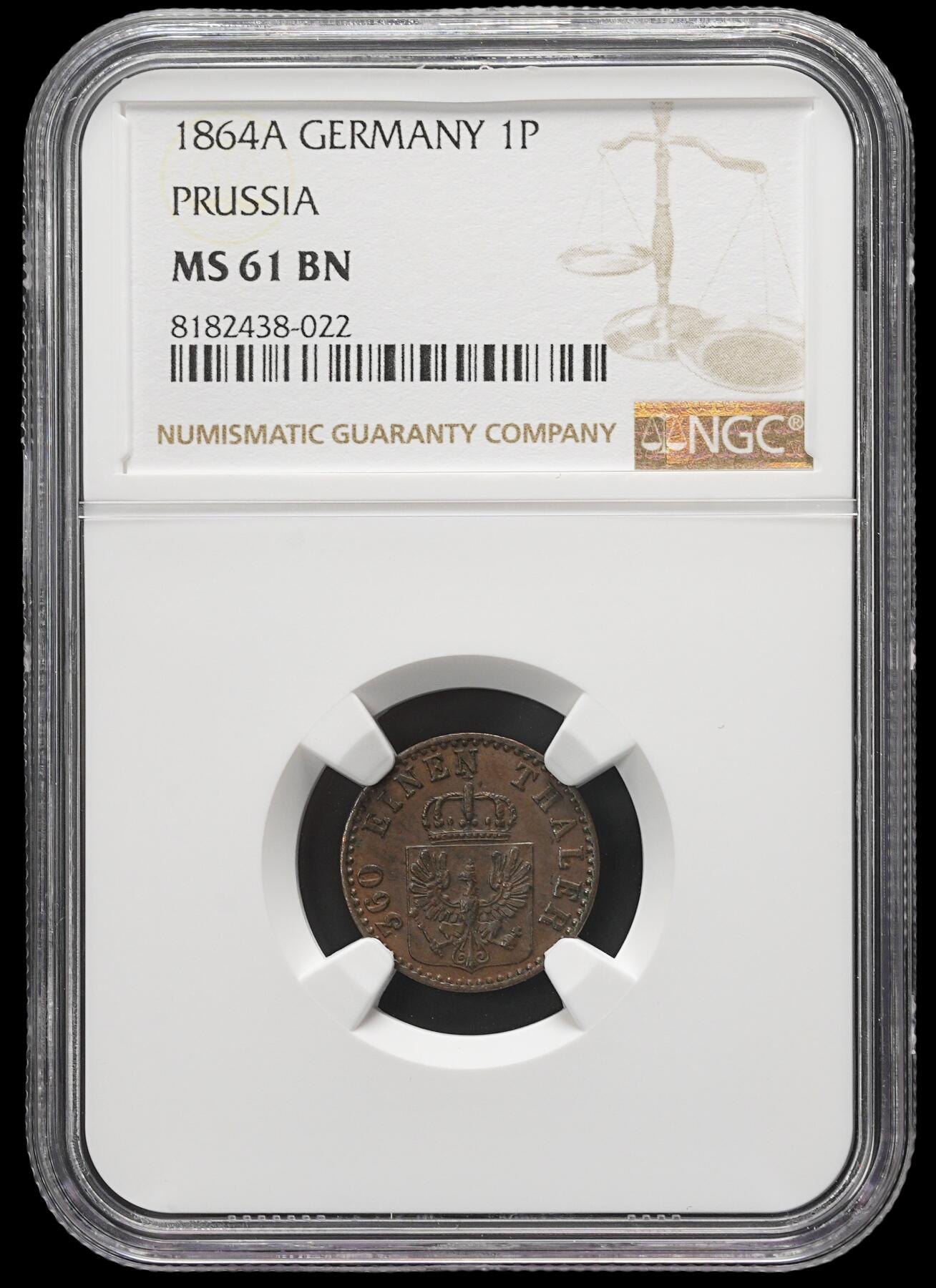 修遠堂世界钱币第三十七期 全场包邮 NGC MS61BN 1864年普鲁士1芬尼铜币