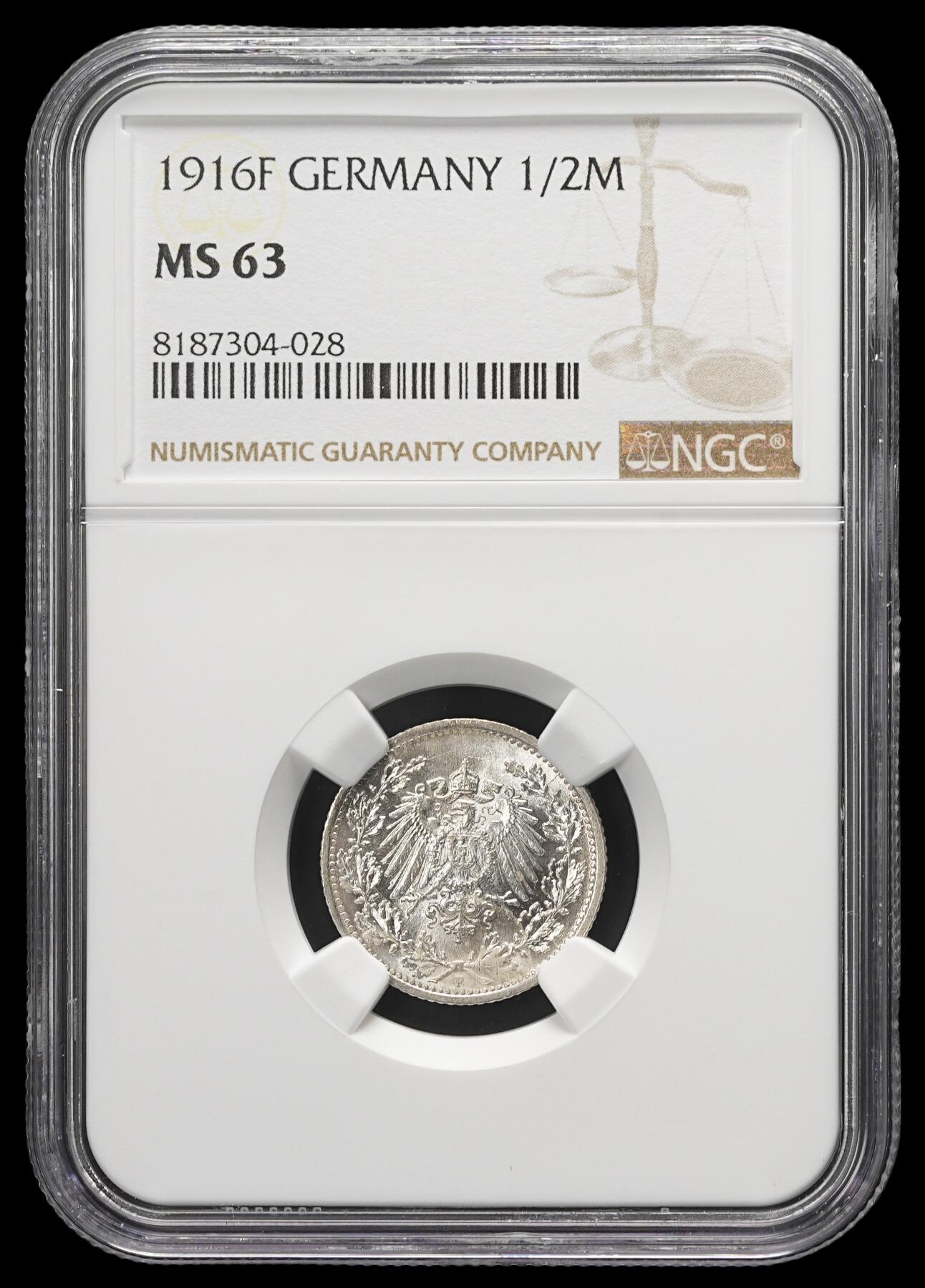 修遠堂世界钱币第三十七期 全场包邮 NGC MS63 1916年德国1/2马克银币 F厂铭