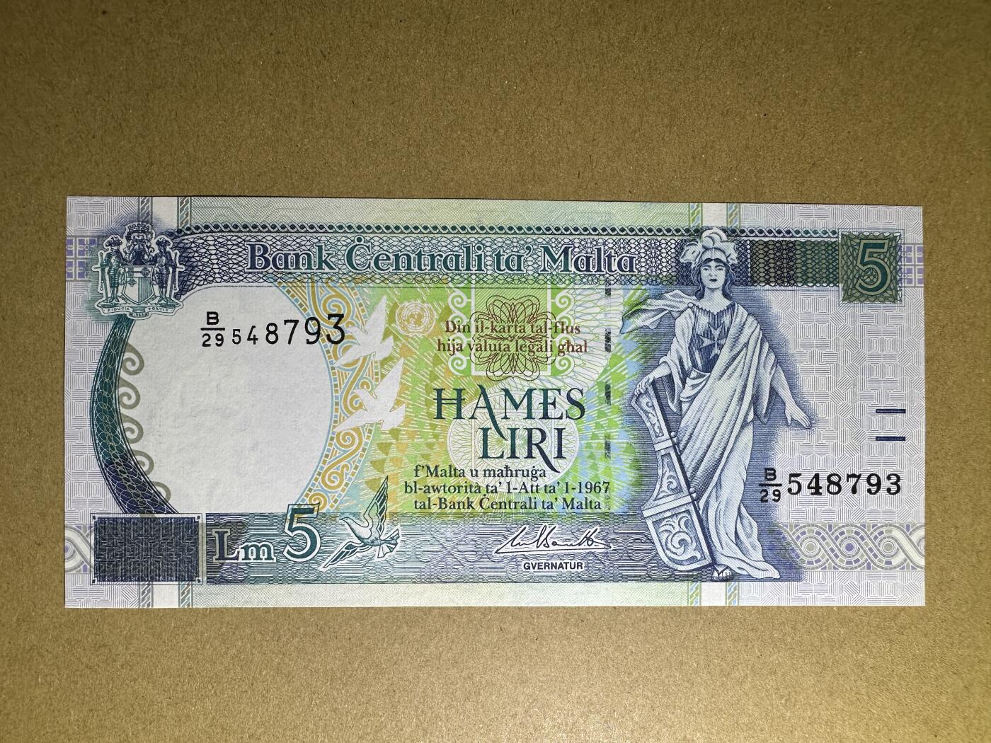 《张总收藏》164期-周日外币超精品 马耳他5里拉 UNC 1994年
