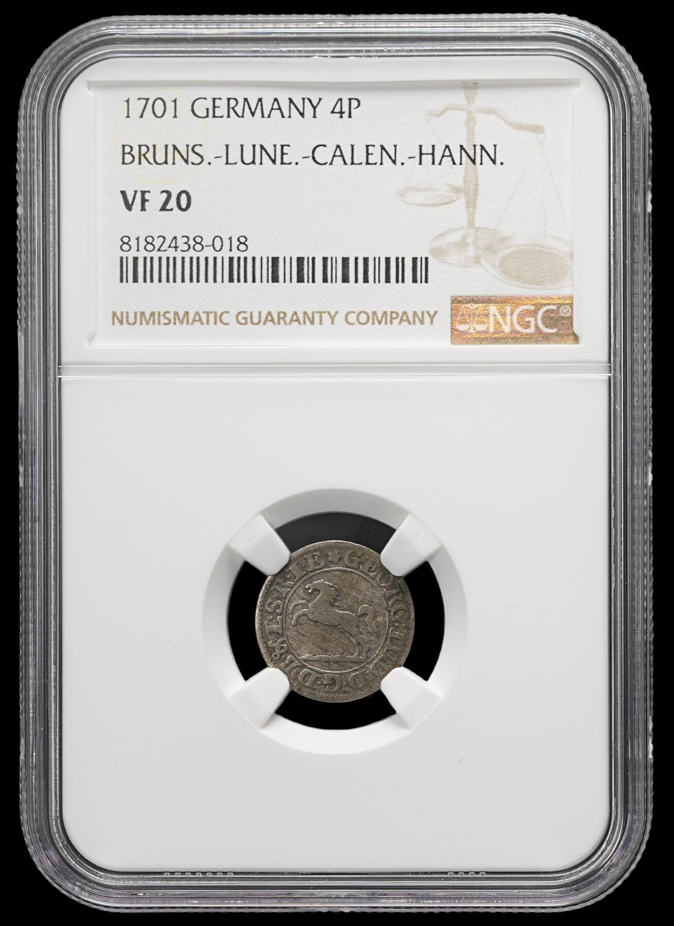 修遠堂世界钱币第三十七期 全场包邮 NGC VF20 1701年不伦瑞克4芬尼小银币