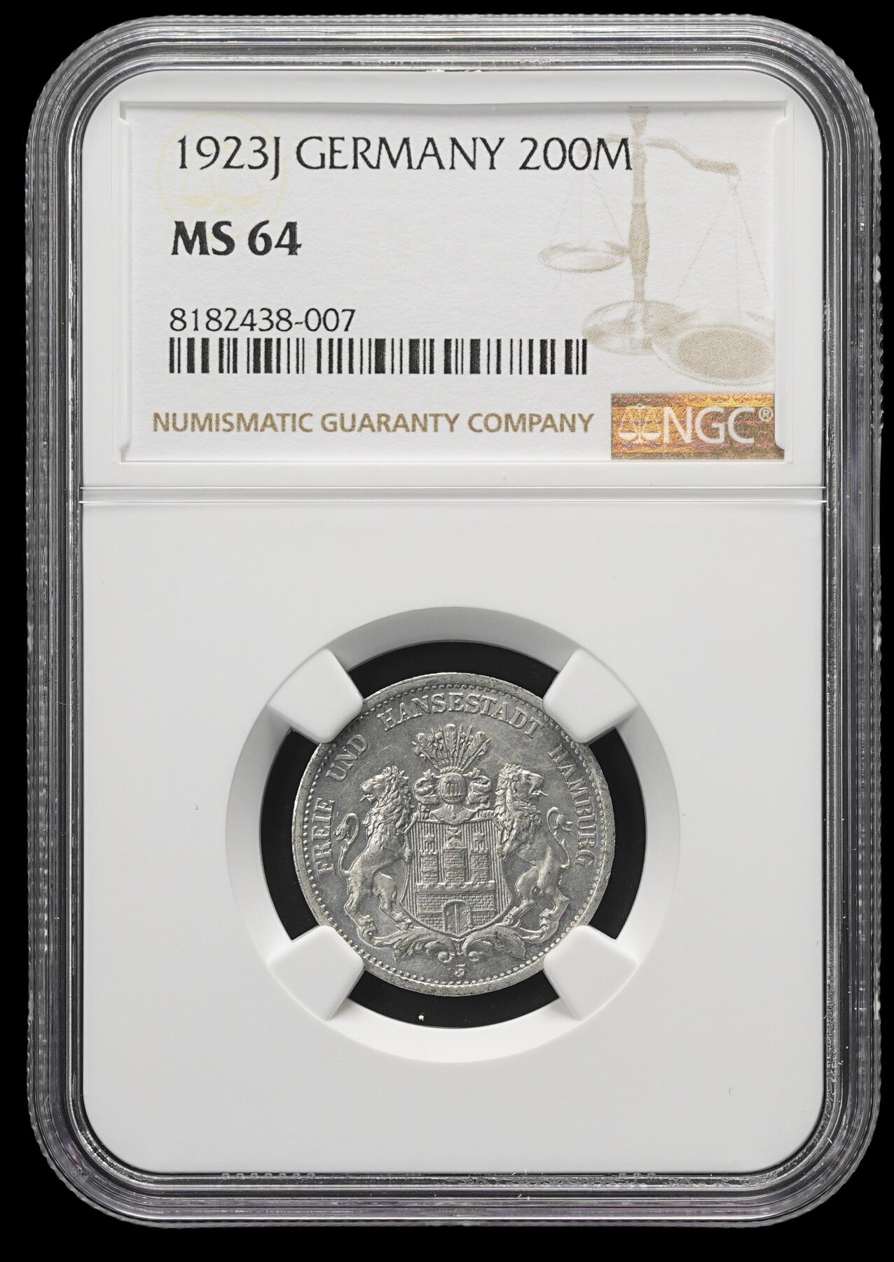 修遠堂世界钱币第三十七期 全场包邮 NGC MS64 1923年德国紧急时期汉堡20万马克 NGC版别标签有误