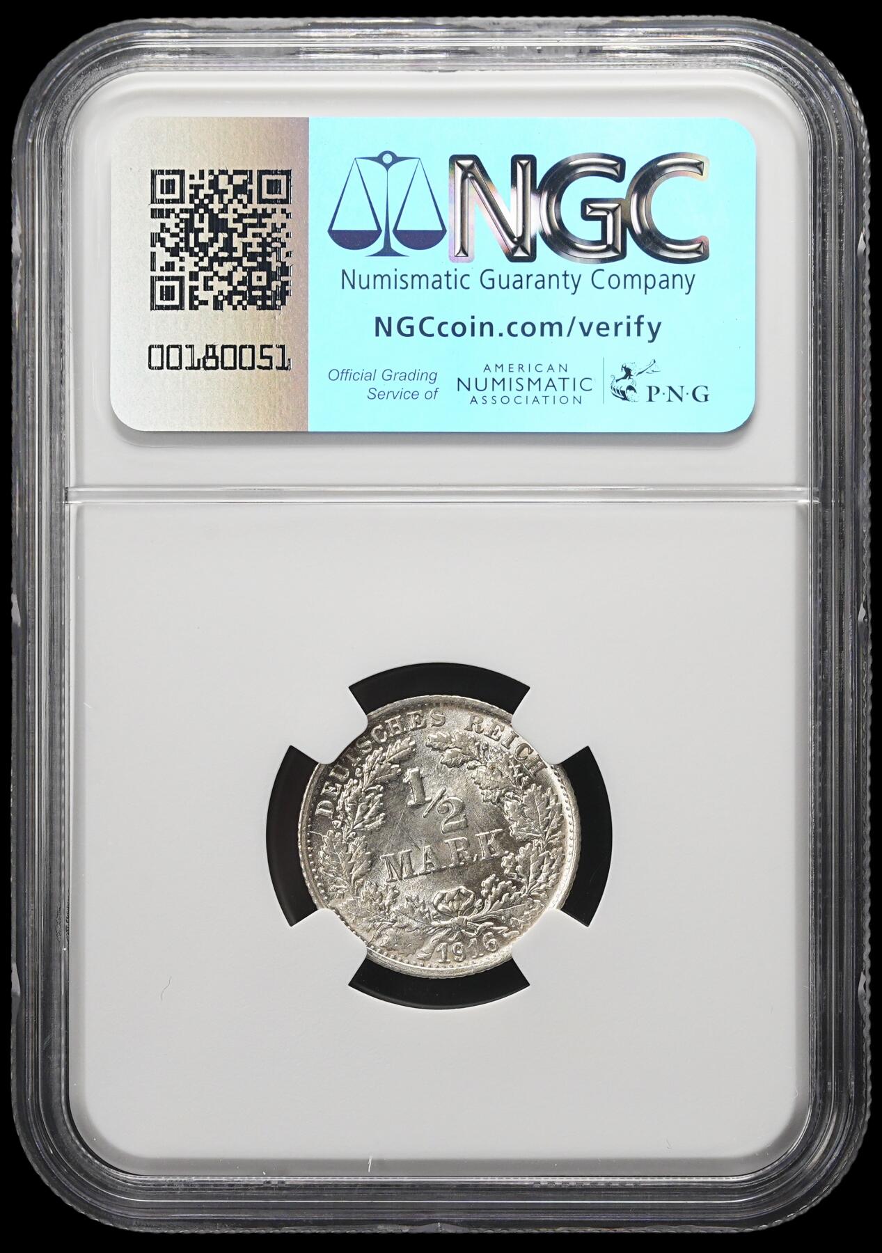 修遠堂世界钱币第三十七期 全场包邮 NGC MS63 1916年德国1/2马克银币 F厂铭