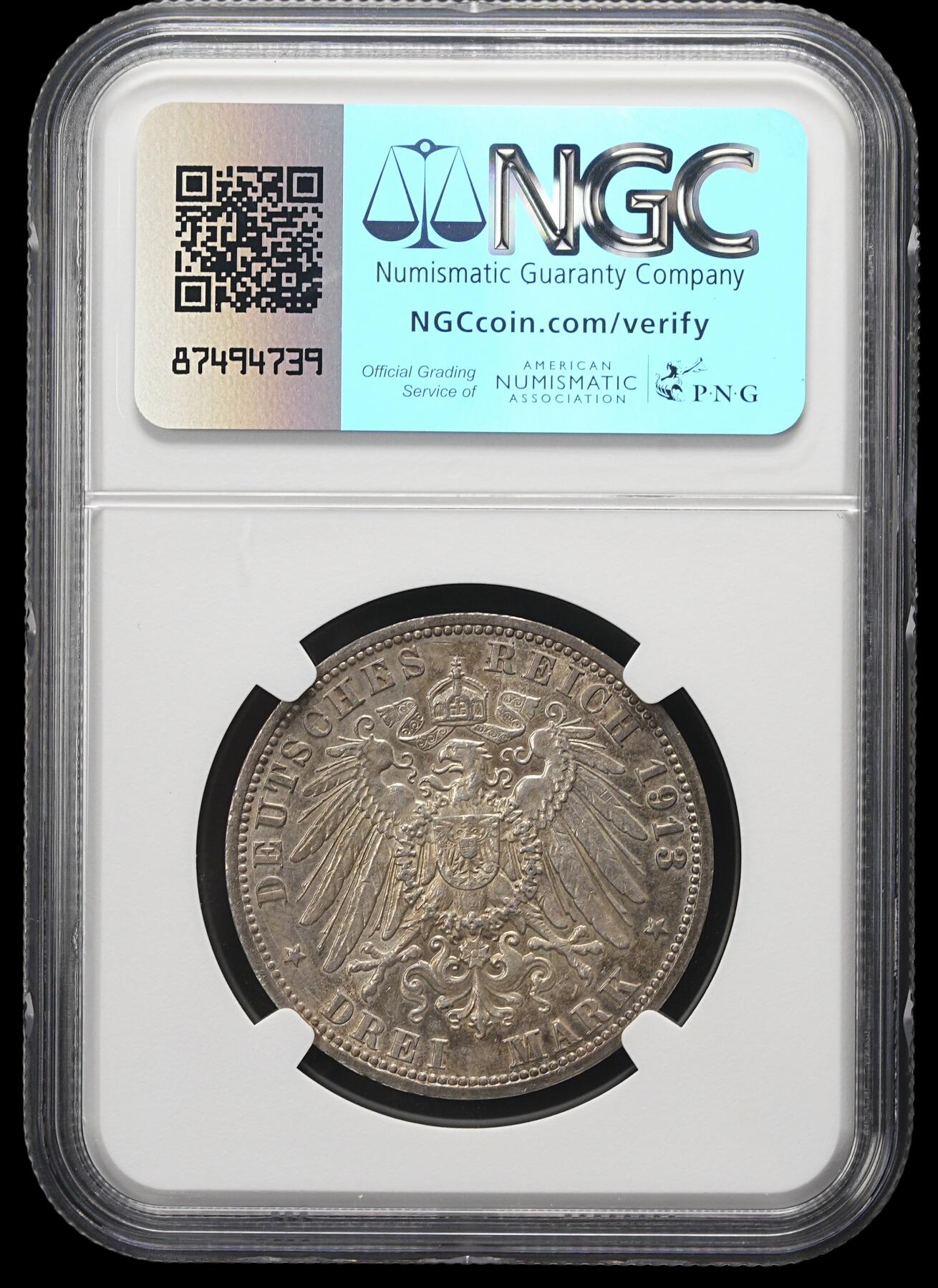 修遠堂世界钱币第三十七期 全场包邮 NGC AU55 1913年普鲁士威廉二世登基25周年3马克银币 酱彩