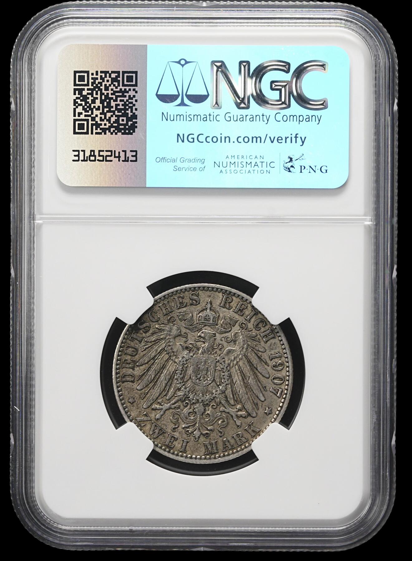 修遠堂世界钱币第三十七期 全场包邮 NGC AU50 1907年汉堡2马克银币