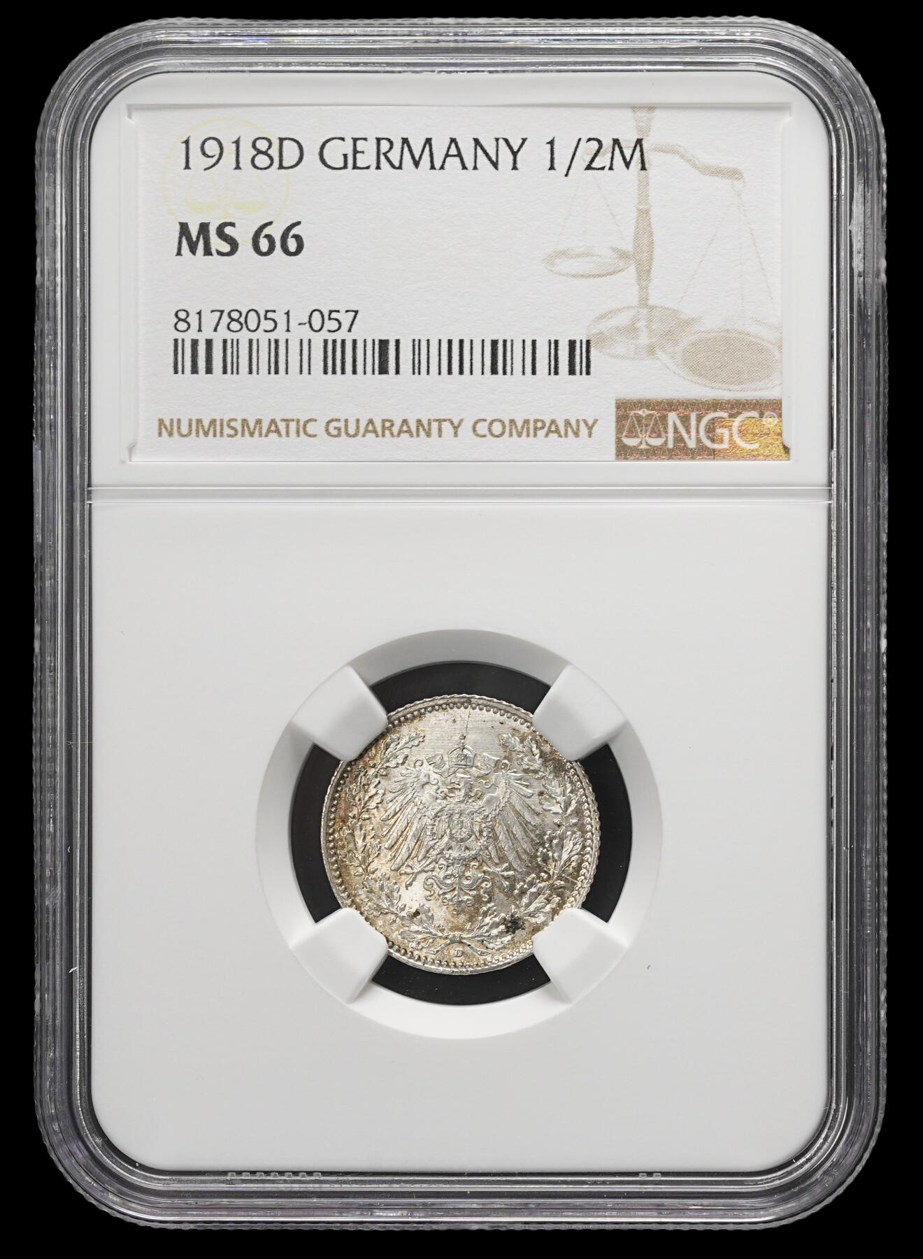 修遠堂世界钱币第三十七期 全场包邮 NGC MS66 1918年德国1/2马克银币 D厂铭