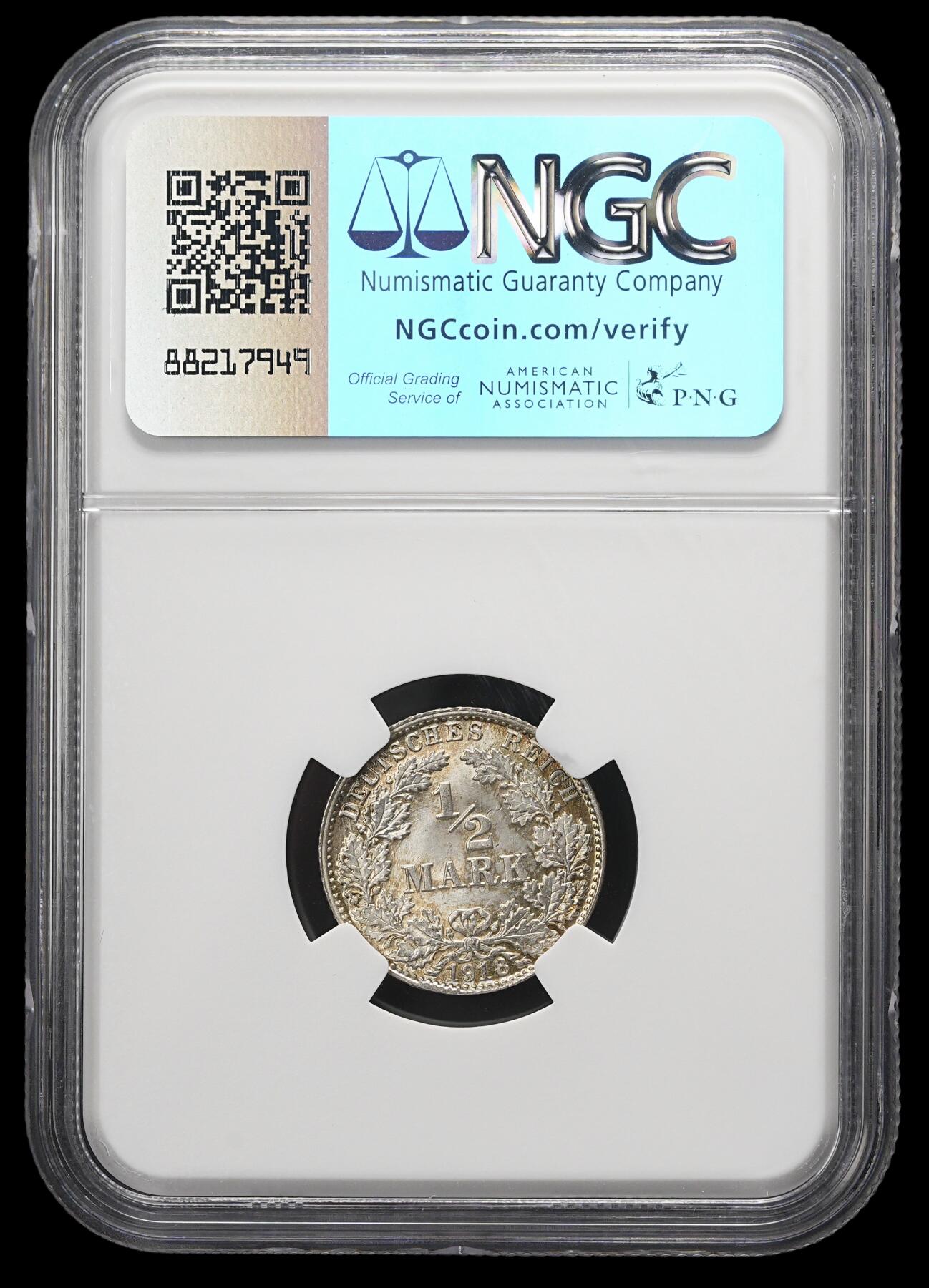 修遠堂世界钱币第三十七期 全场包邮 NGC MS66 1918年德国1/2马克银币 D厂铭
