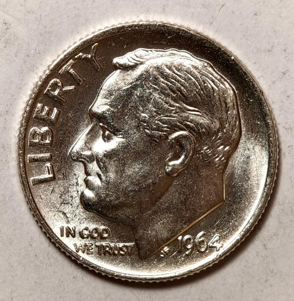 紫瑗钱币——第412期 美国 1964年 罗斯福 10美分 2.5克 0.9银 BU 可评级