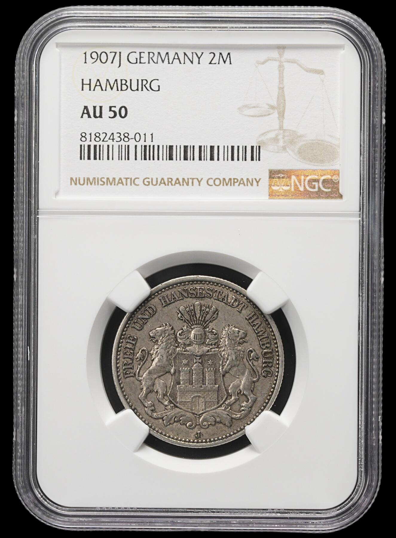 修遠堂世界钱币第三十七期 全场包邮 NGC AU50 1907年汉堡2马克银币