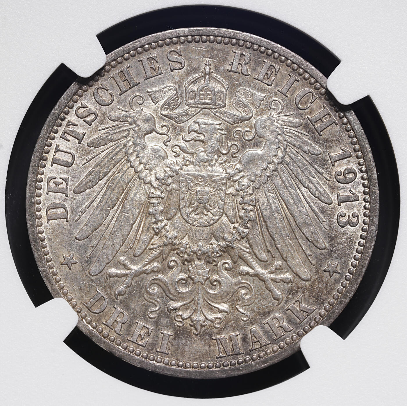修遠堂世界钱币第三十七期 全场包邮 NGC AU55 1913年普鲁士威廉二世登基25周年3马克银币 酱彩