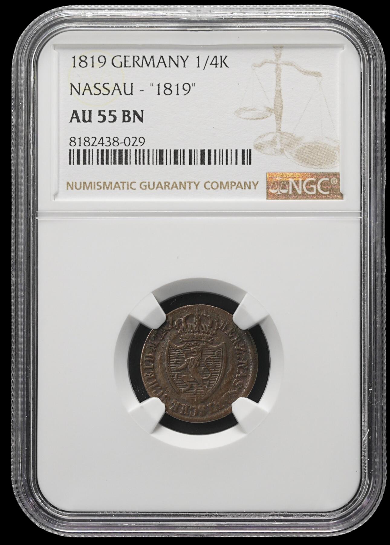 修遠堂世界钱币第三十七期 全场包邮 NGC AU55BN 1819年拿骚1/4克鲁泽铜币