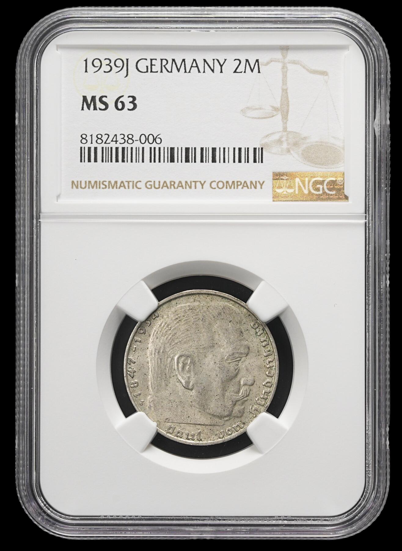 修遠堂世界钱币第三十七期 全场包邮 NGC MS63 1939年德国2马克银币