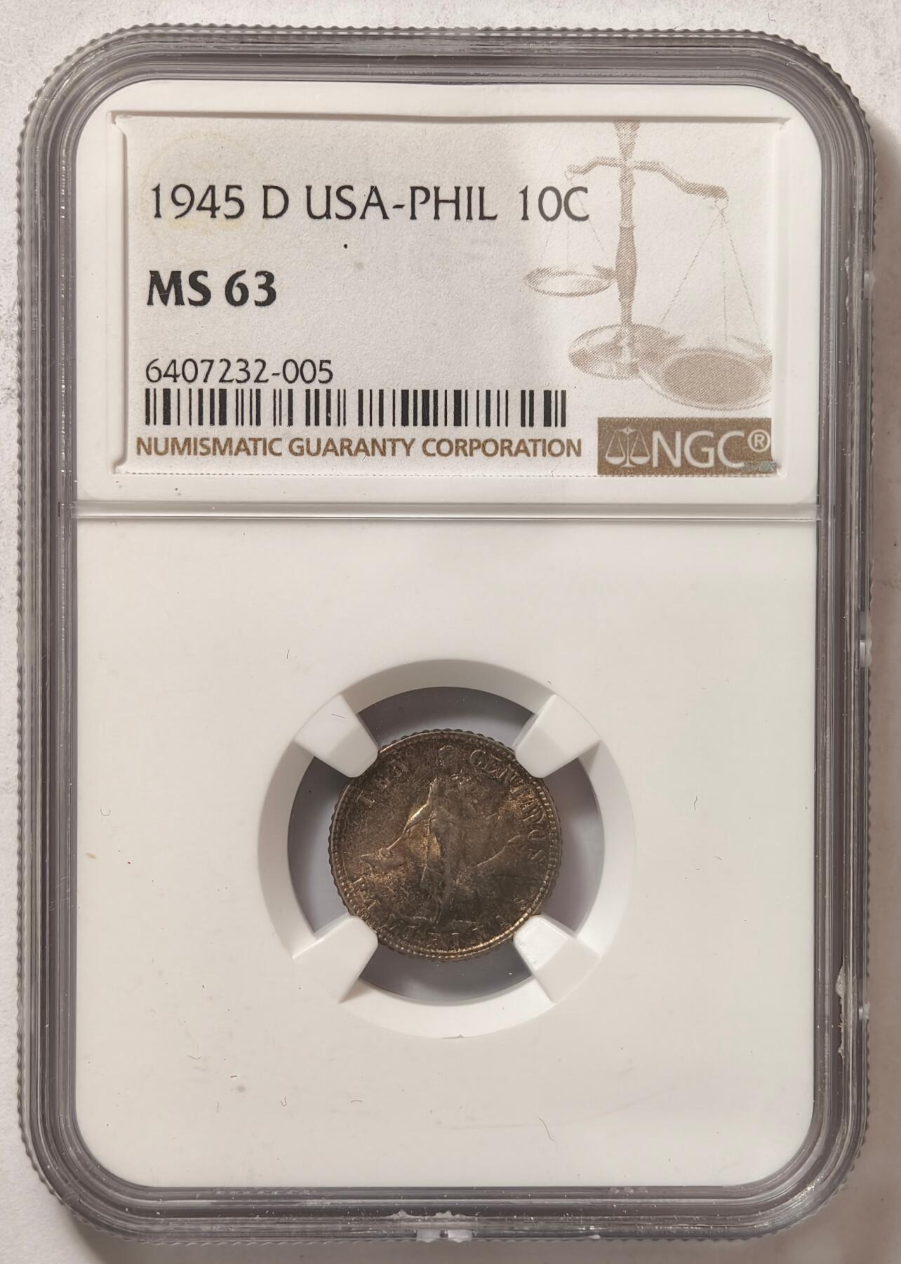 紫瑗钱币——第412期 美属菲律宾 1945年 D版 火山与女神 10分 银币 NGC MS63