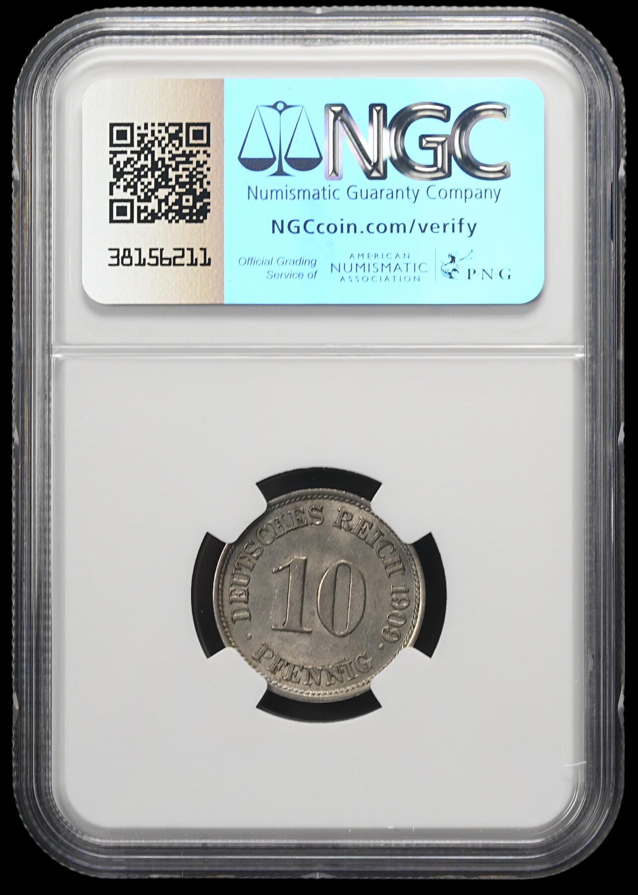 修遠堂世界钱币第三十七期 全场包邮 稀少厂铭 NGC MS63 1909年德国10芬尼 J厂铭 克劳斯价475美金