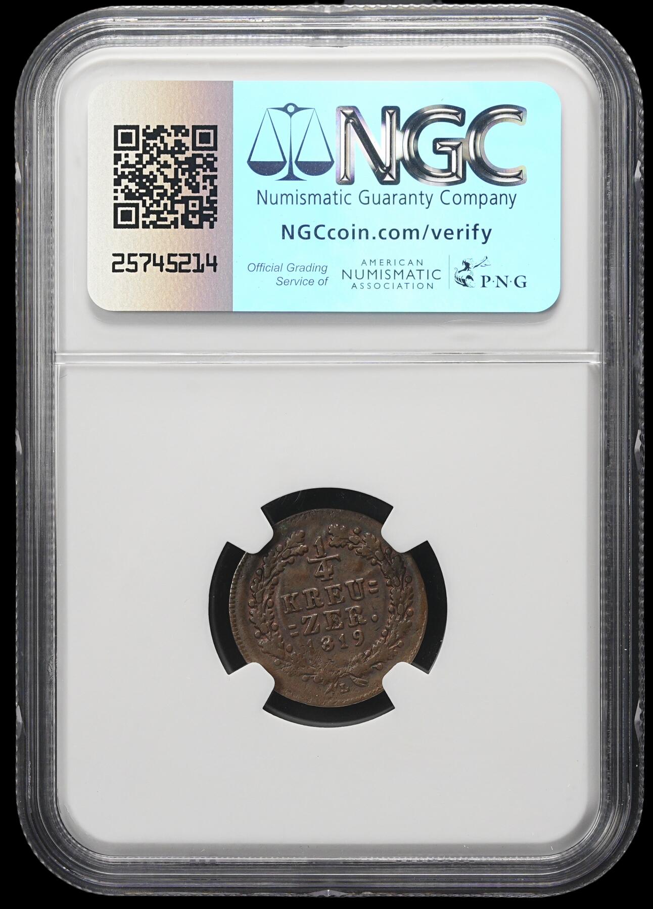 修遠堂世界钱币第三十七期 全场包邮 NGC AU55BN 1819年拿骚1/4克鲁泽铜币