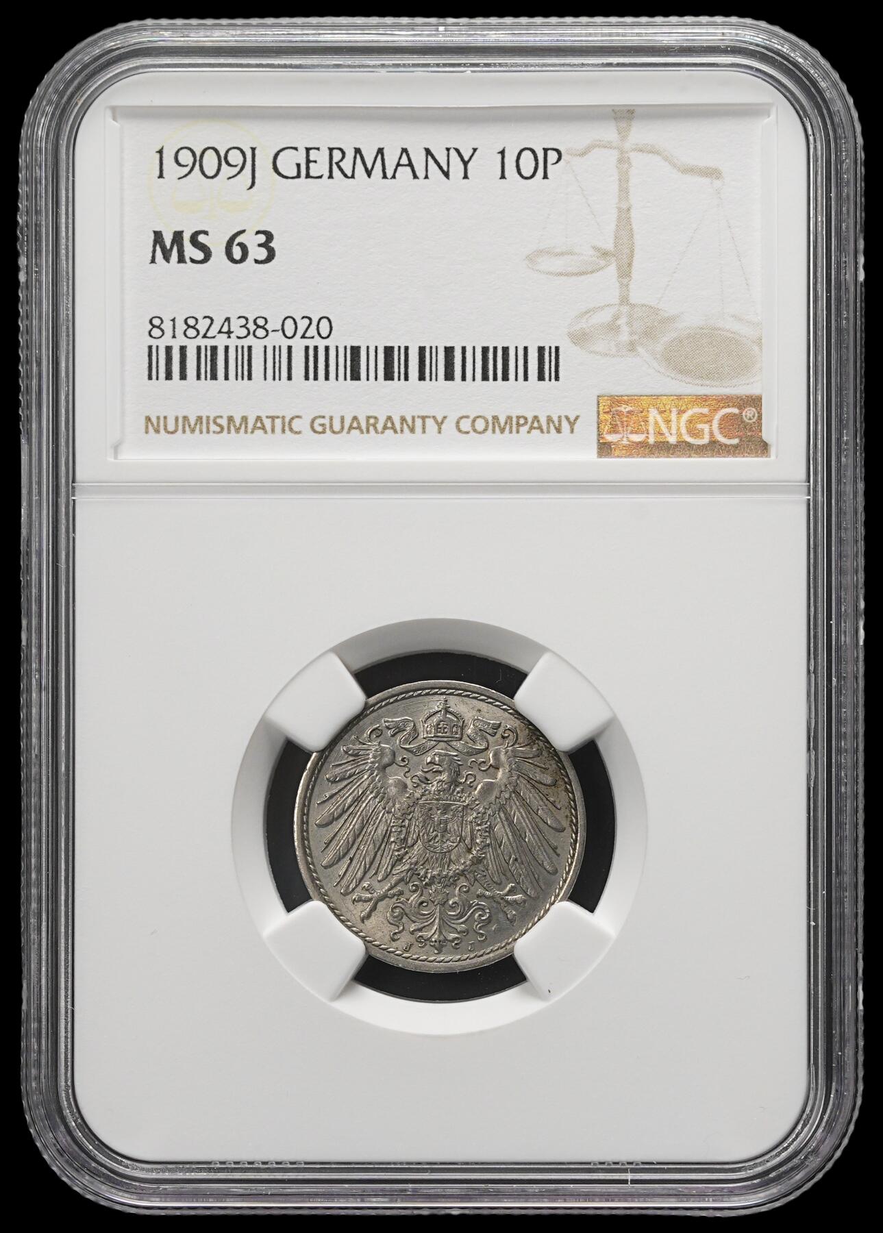 修遠堂世界钱币第三十七期 全场包邮 稀少厂铭 NGC MS63 1909年德国10芬尼 J厂铭 克劳斯价475美金