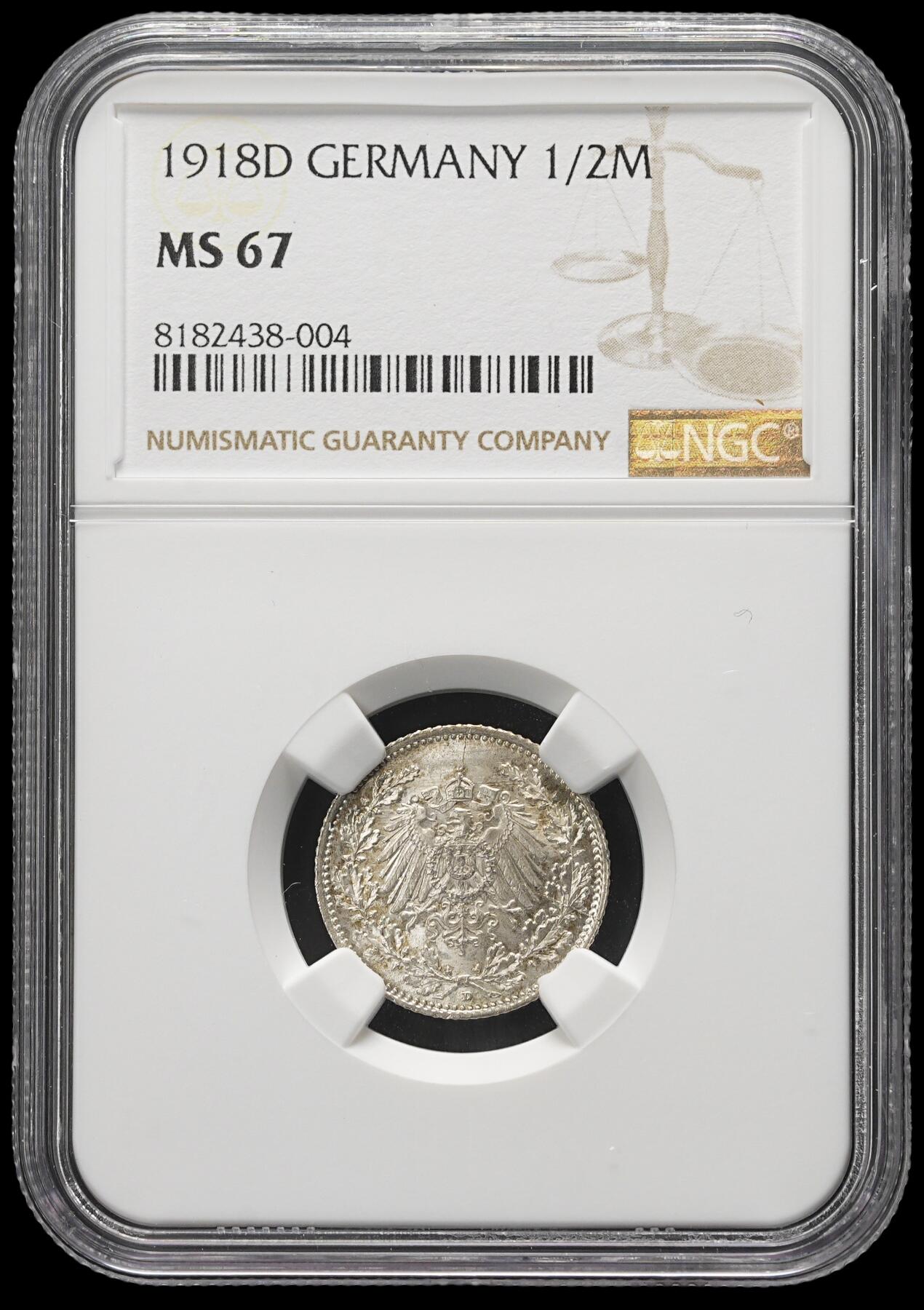 修遠堂世界钱币第三十七期 全场包邮 NGC MS67 1918年德国1/2马克银币 D厂铭