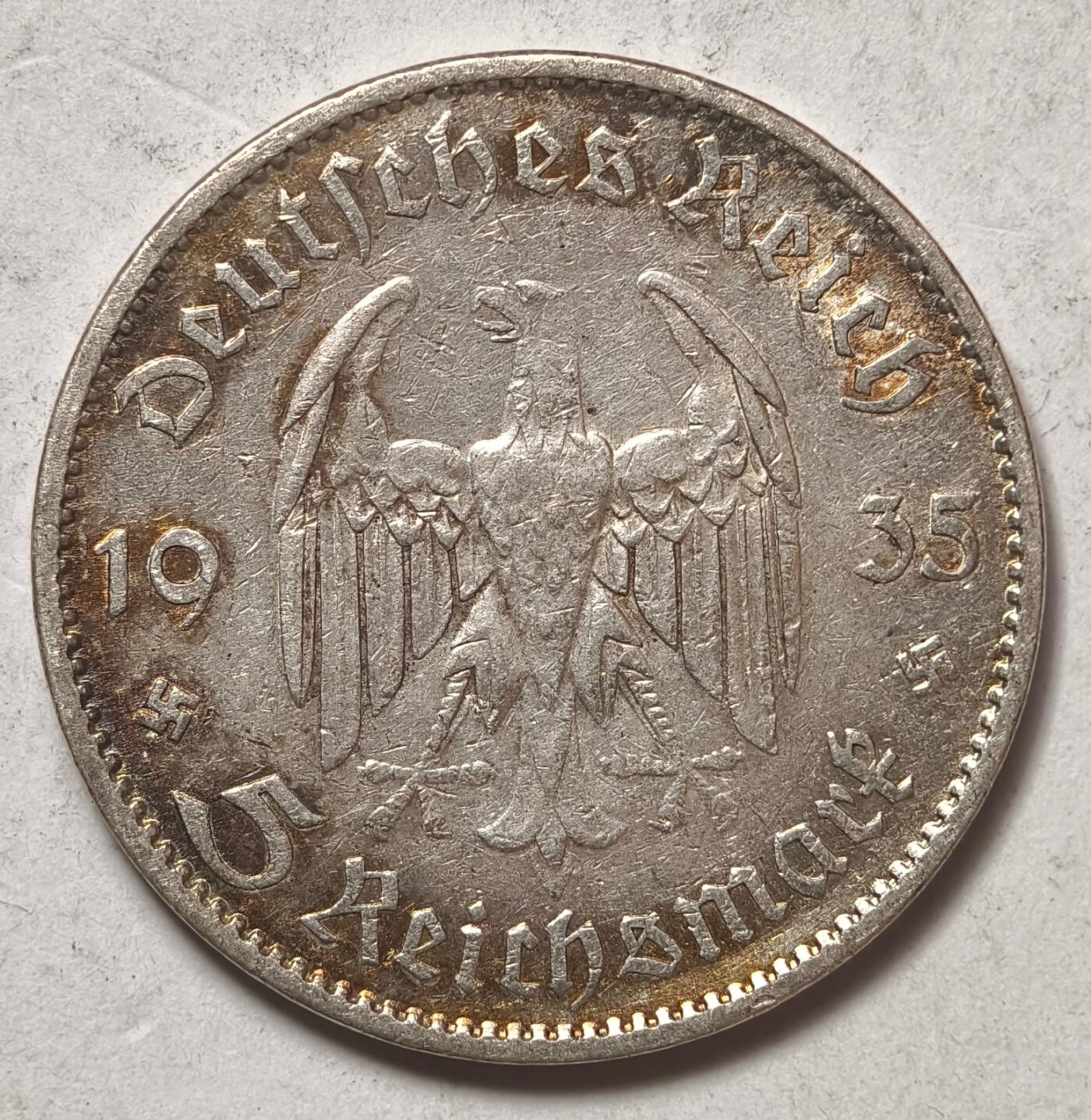 紫瑗钱币——第412期 德国 1935年 A版 波茨坦教堂 5马克 13.9克 0.9银