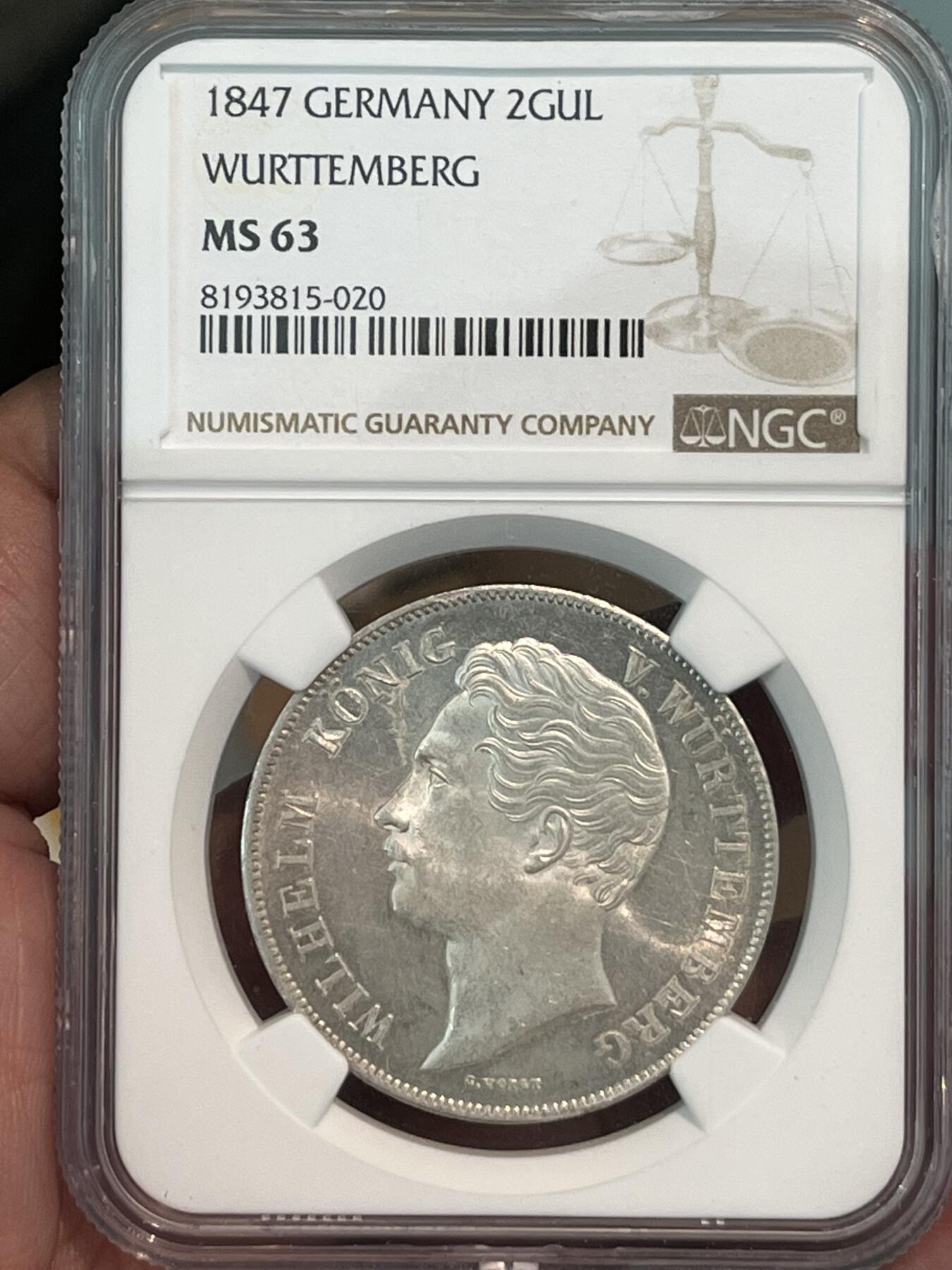 NGC-MS63 1847符腾堡狮鹿纹章2盾大银币唯一亚军