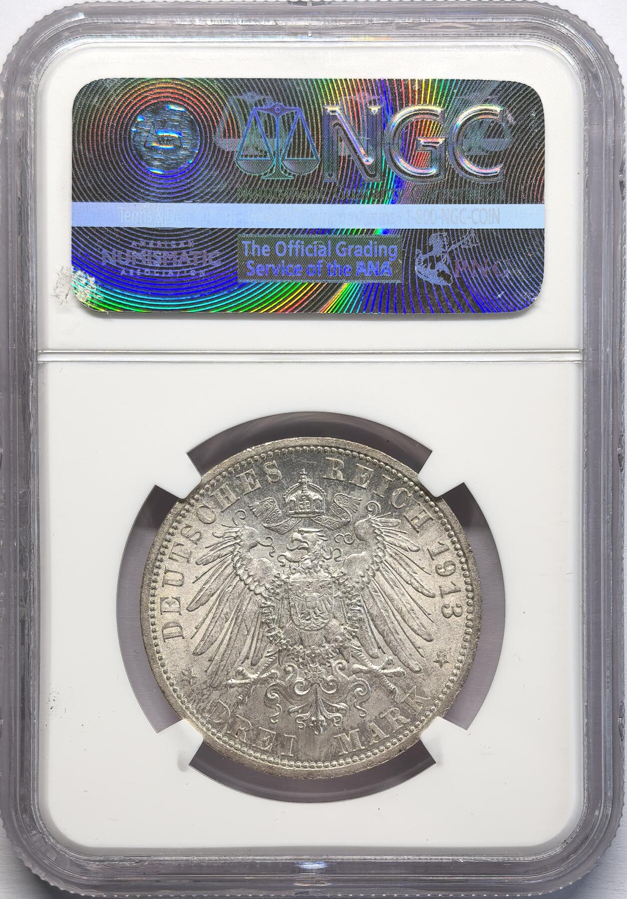 凡希社世界钱币微拍第二百八十二期 1913A德国吕贝克双头鹰3马克NGC-MS64，薄彩原银光，名至实归的藏家品质。