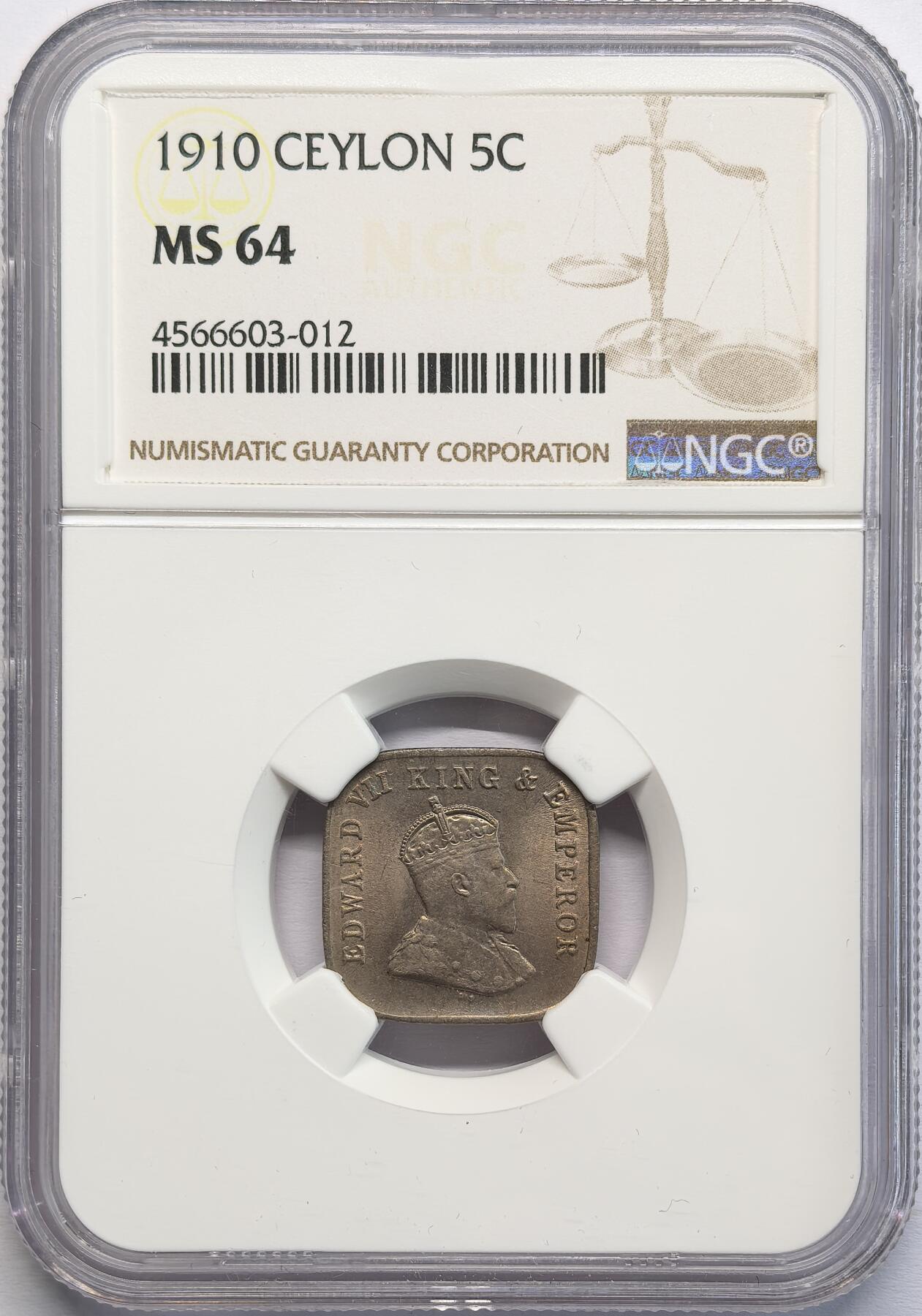 凡希社世界钱币微拍第二百八十二期 1910英属锡兰爱七5分NGC-MS64