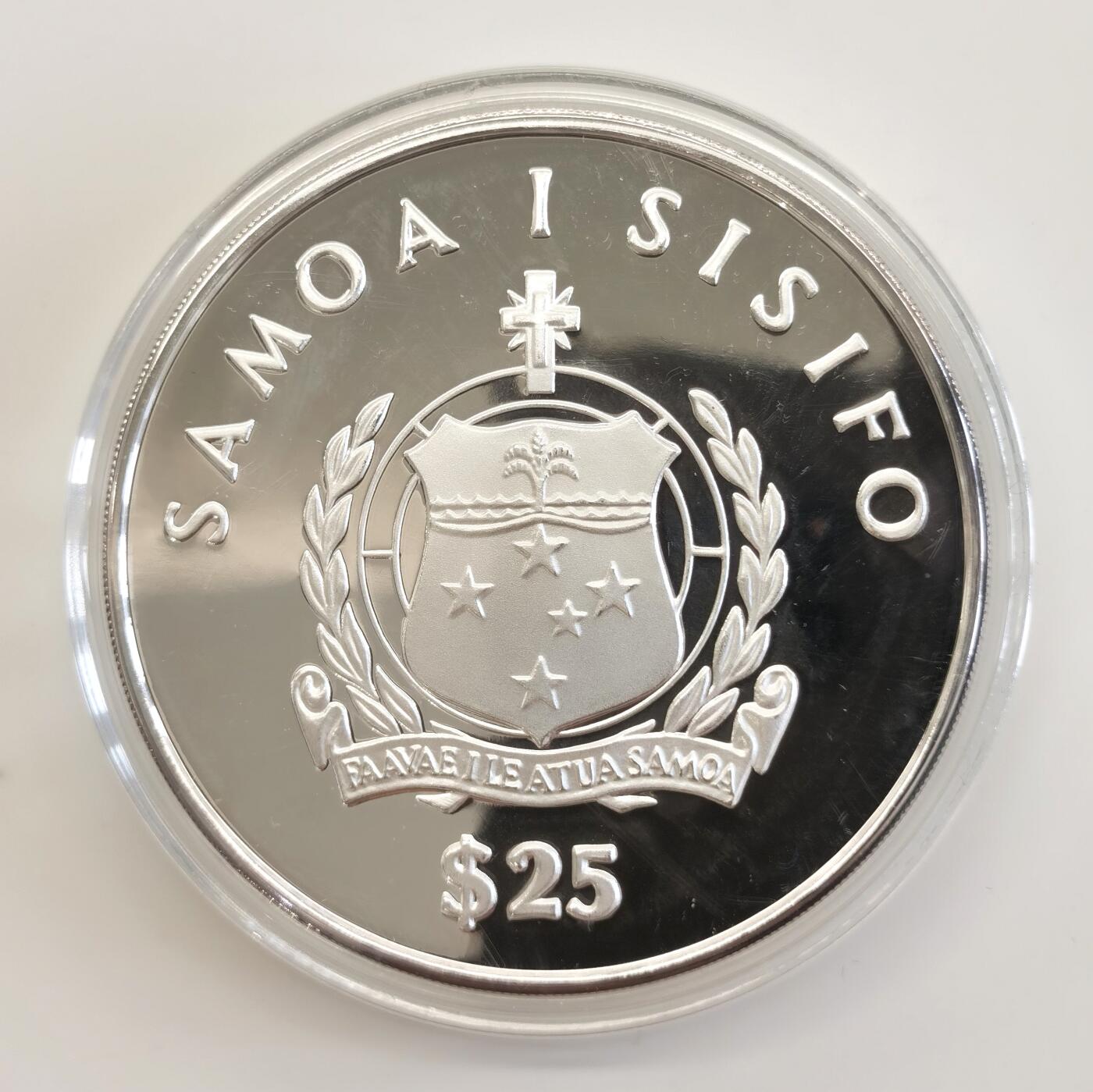 博洋堂“长夏未央”8月精品专场暨第089期（全场包邮） 1986西萨摩亚“康提基”号25塔拉纪念银币，5oz，纯度99.9%，直径65mm。原盒原证（证书号：9545）。1988年克劳斯最具艺术币（Most Artistic Coin）。