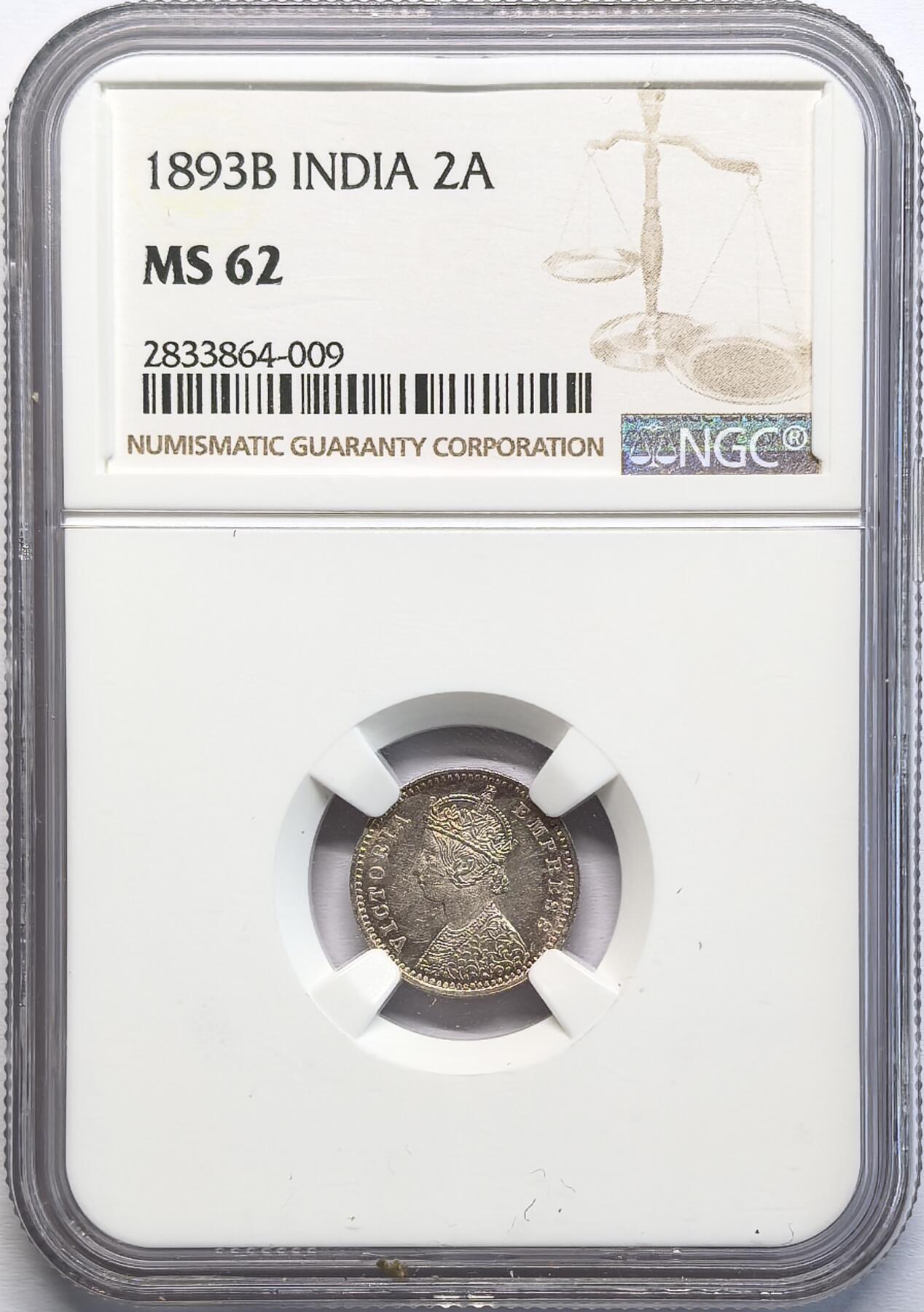 凡希社世界钱币微拍第二百八十二期 1893B英属印度小维2安那银币NGC-MS62