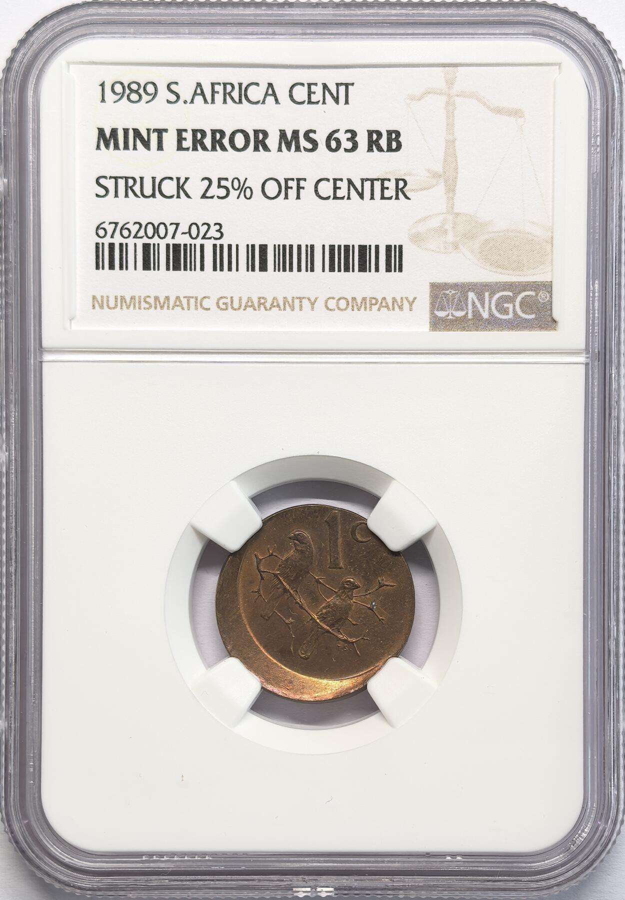 凡希社世界钱币微拍第二百八十二期 1989南非1分铜币铸造错版NGC-MS63