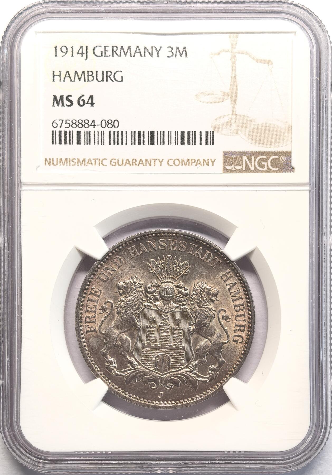 凡希社世界钱币微拍第二百八十二期 1914J德国汉堡3马克NGC-MS64