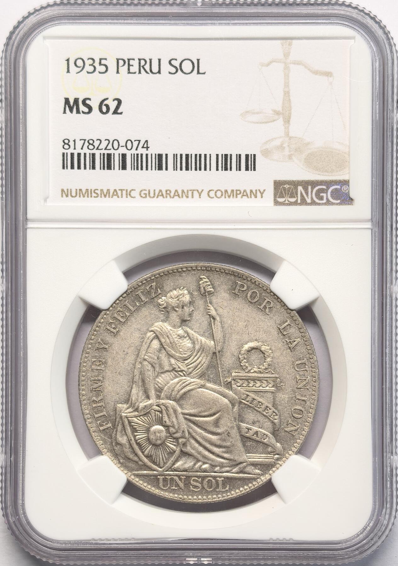 凡希社世界钱币微拍第二百八十二期 1935秘鲁座人SOL大银NGC-MS62
