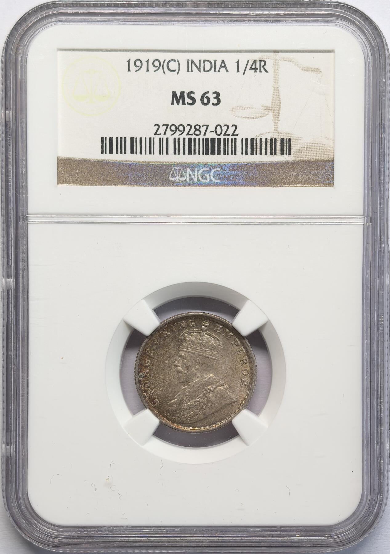 凡希社世界钱币微拍第二百八十二期 1919英属印度乔五1/4卢比NGC-MS63