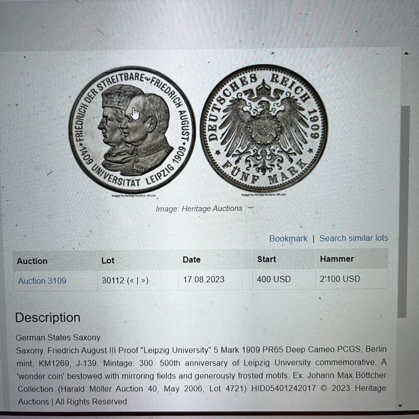 PCGS-PR65CAM 1909萨克森莱比锡大学5马克PF CA冠军