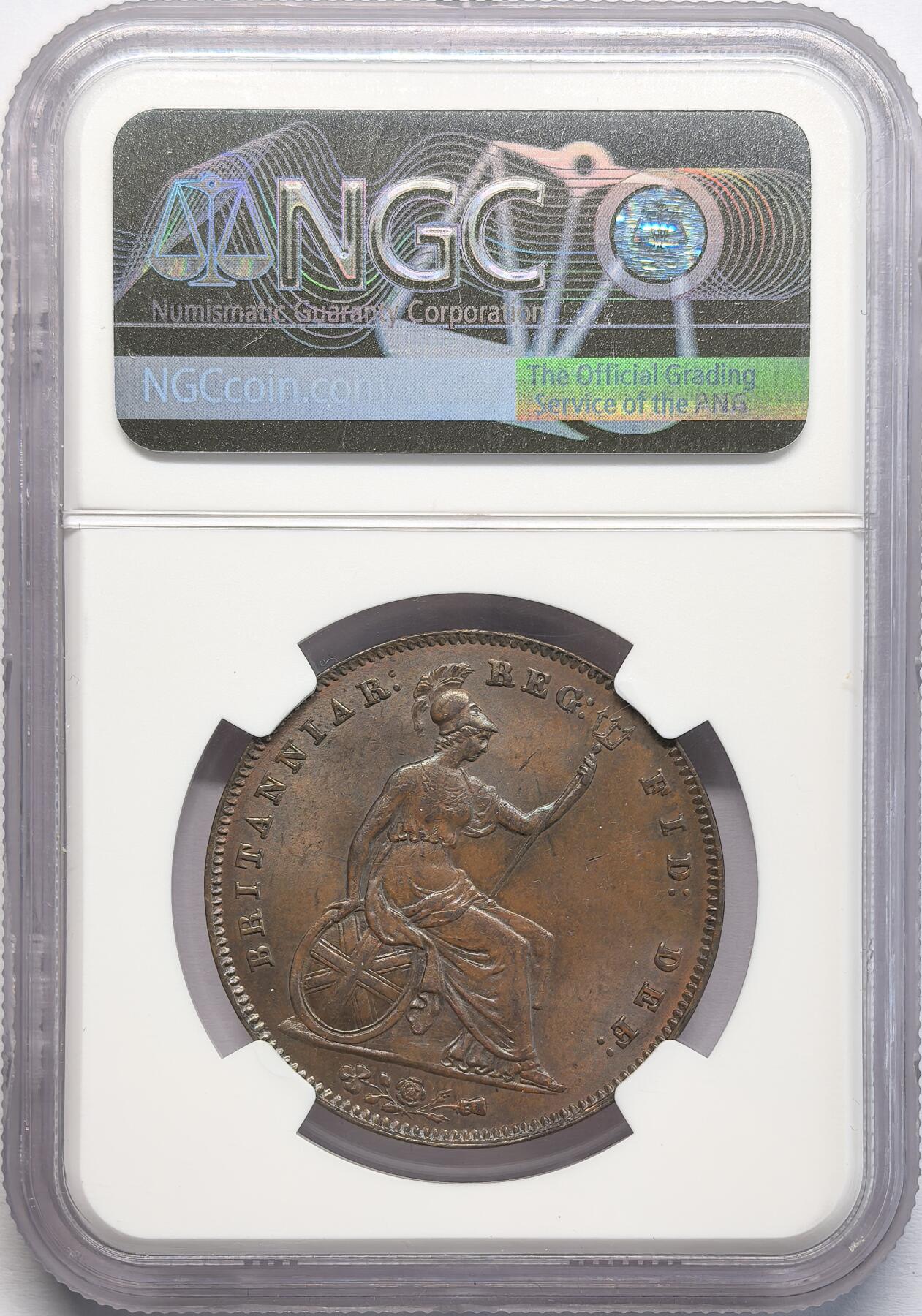 凡希社世界钱币微拍第二百八十二期 1855英国小维便士大铜NGC-MS64，平三叉戟版，光泽柔美。