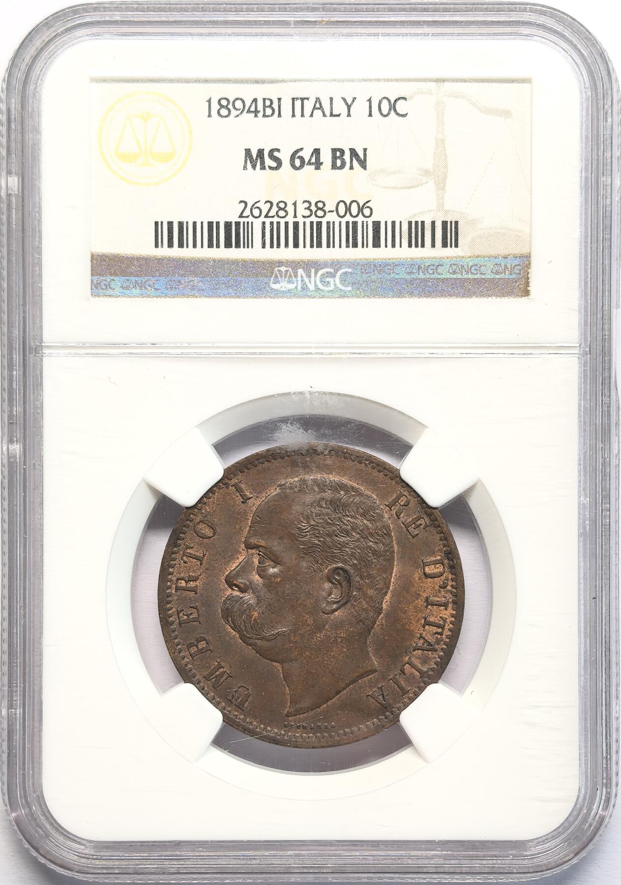 凡希社世界钱币微拍第二百八十二期 1894BI意大利翁贝托10分大铜NGC-MS64