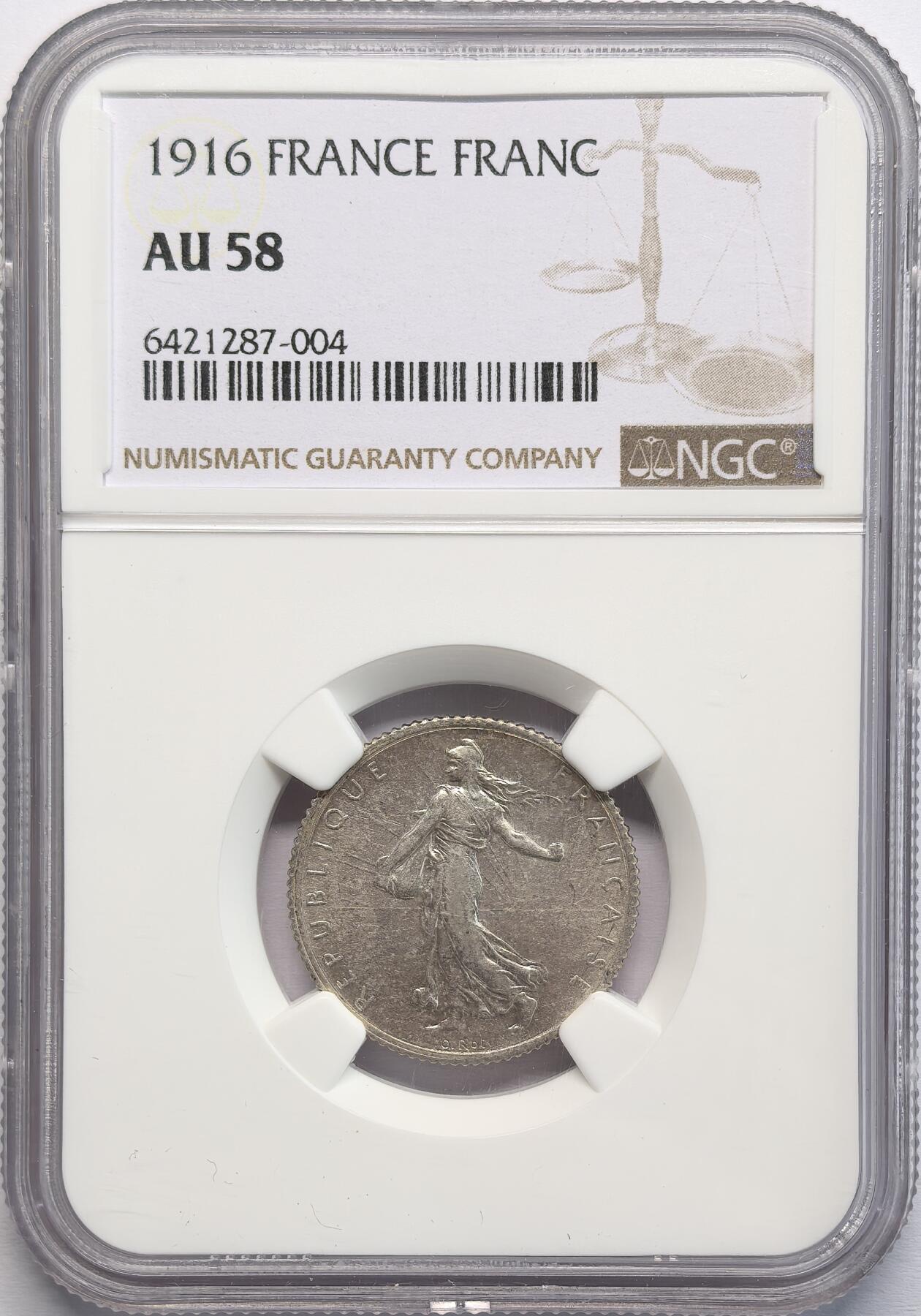 凡希社世界钱币微拍第二百八十二期 1916法国播种银法郎NGC-AU58