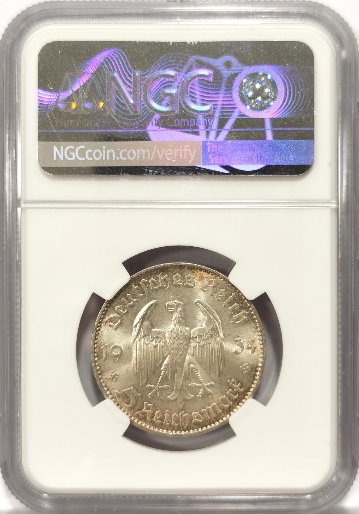 博洋堂“长夏未央”8月精品专场暨第089期（全场包邮） NGC MS64 德国第三帝国1934年F加字教堂5马克银币，F厂比A厂少很多。