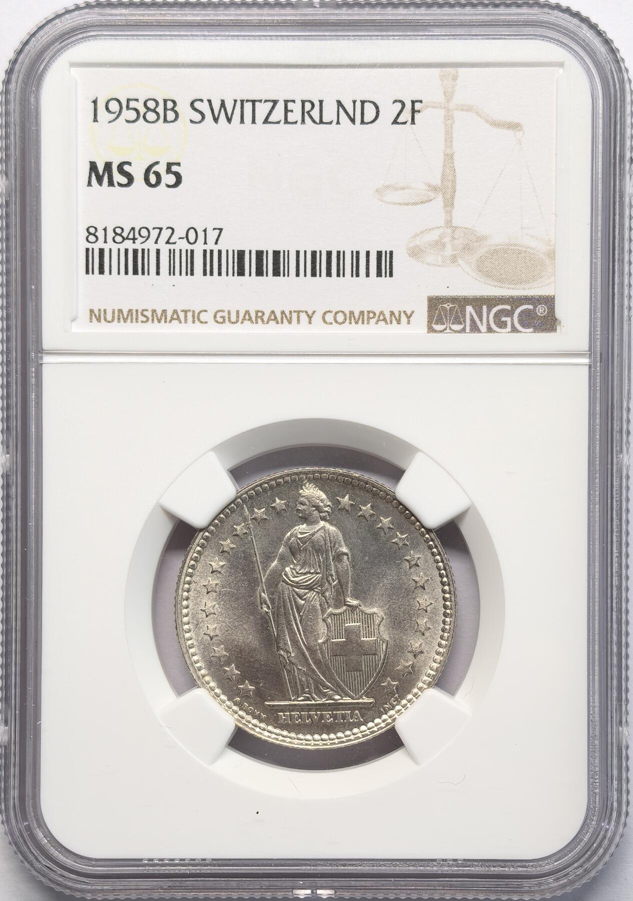凡希社世界钱币微拍第二百八十二期 1958瑞士2法郎银币NGC-MS65