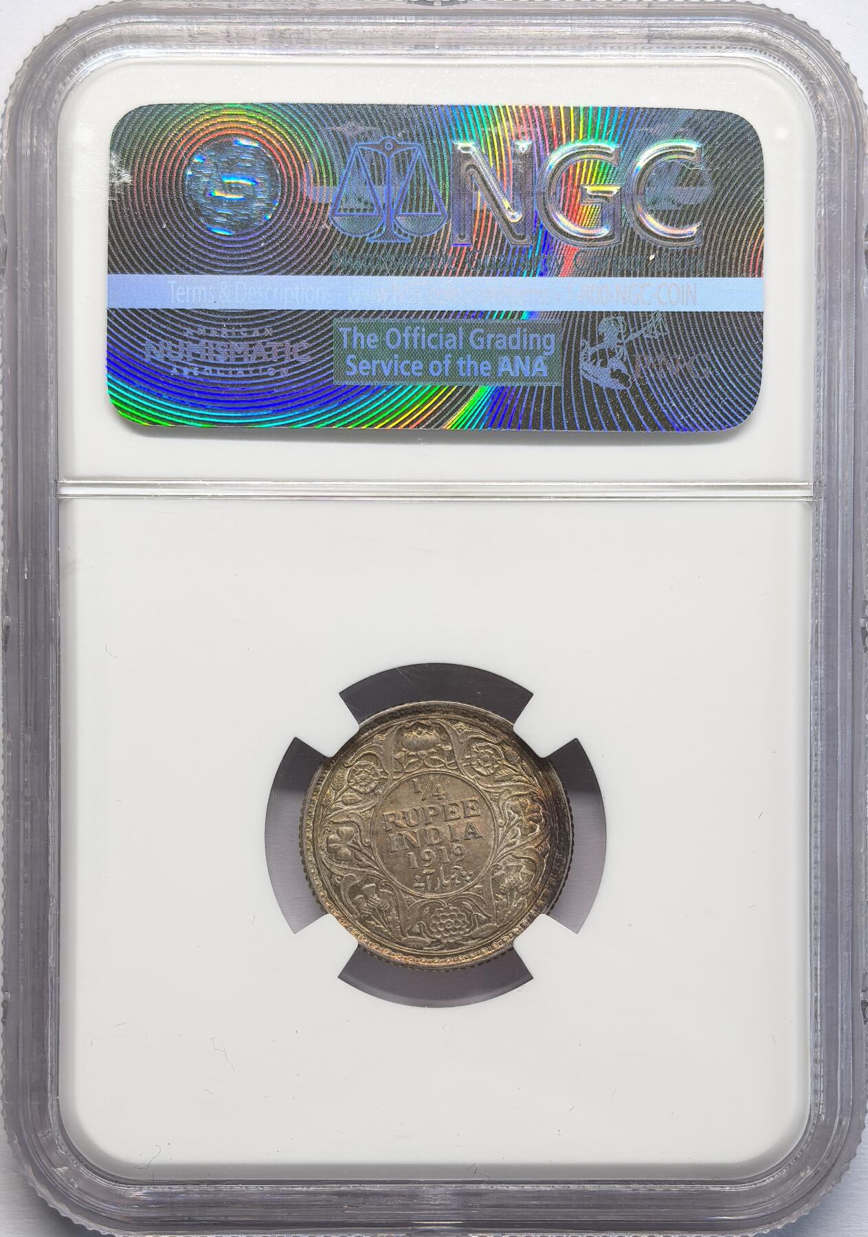 凡希社世界钱币微拍第二百八十二期 1919英属印度乔五1/4卢比NGC-MS63
