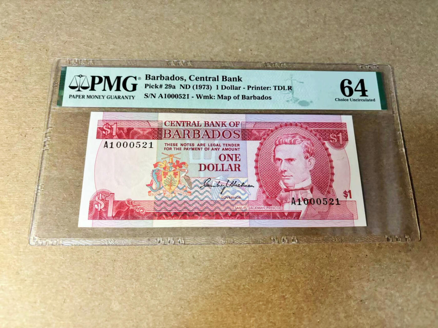 【Blue Auction】✨世界纸币精拍第533期【精】 【A1首发冠521小号】巴巴多斯 1973年1元 PMG64