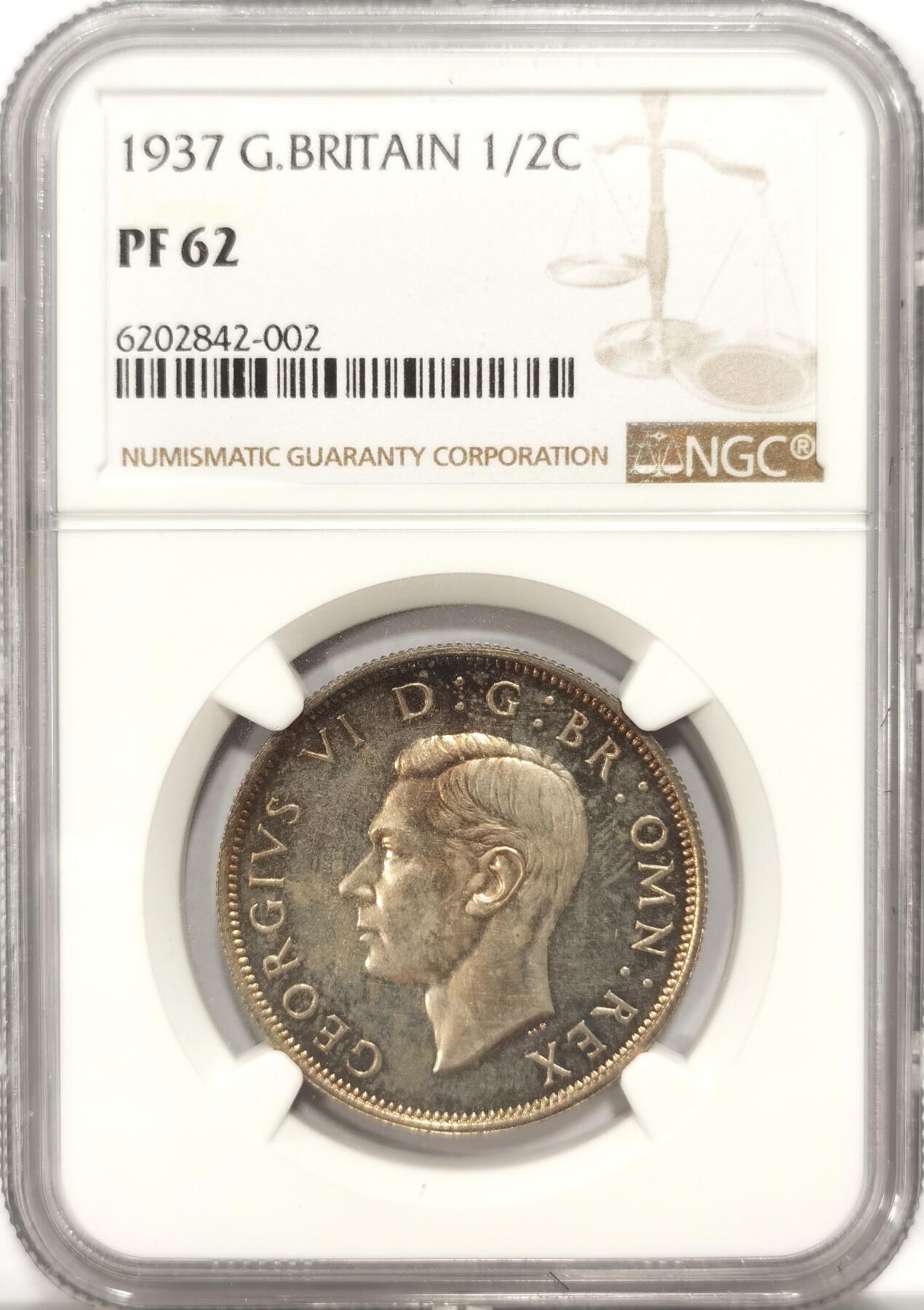 博洋堂“长夏未央”8月精品专场暨第089期（全场包邮） 1937年英国乔治六世半克朗精制银币NGC-PF62，原汁原味五彩老包浆，极美五彩，包浆醇厚润泽又犀利，PROOF精制币